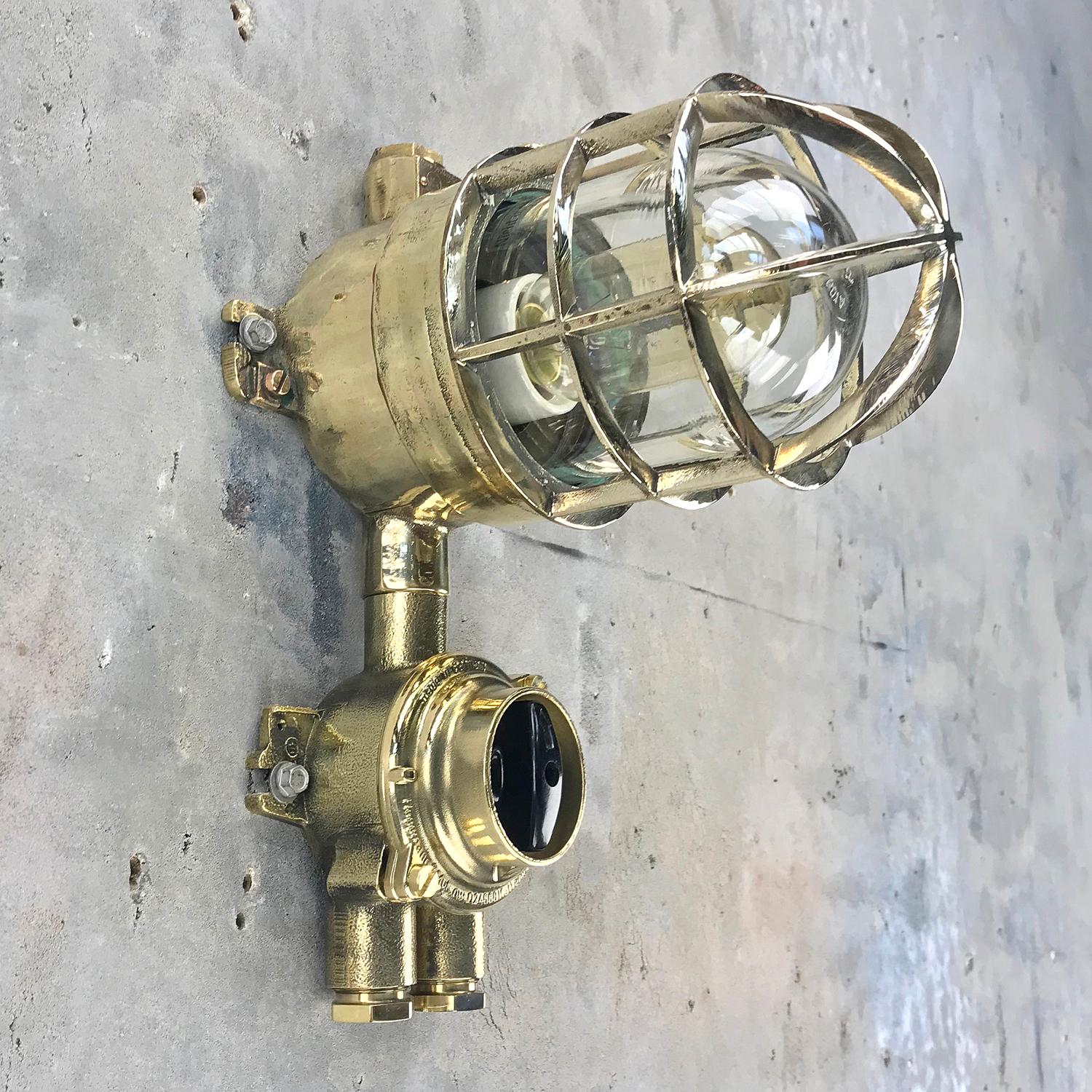 1970s German Explosion Proof Wall Light Cast Brass, Glass Shade & Rotary Switch For Sale 8