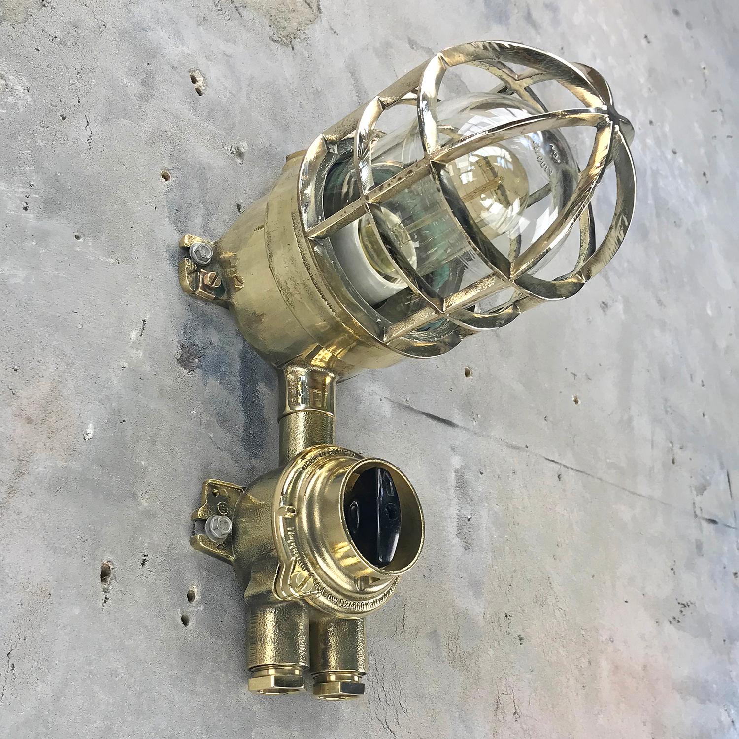 1970s German Explosion Proof Wall Light Cast Brass, Glass Shade & Rotary Switch For Sale 9