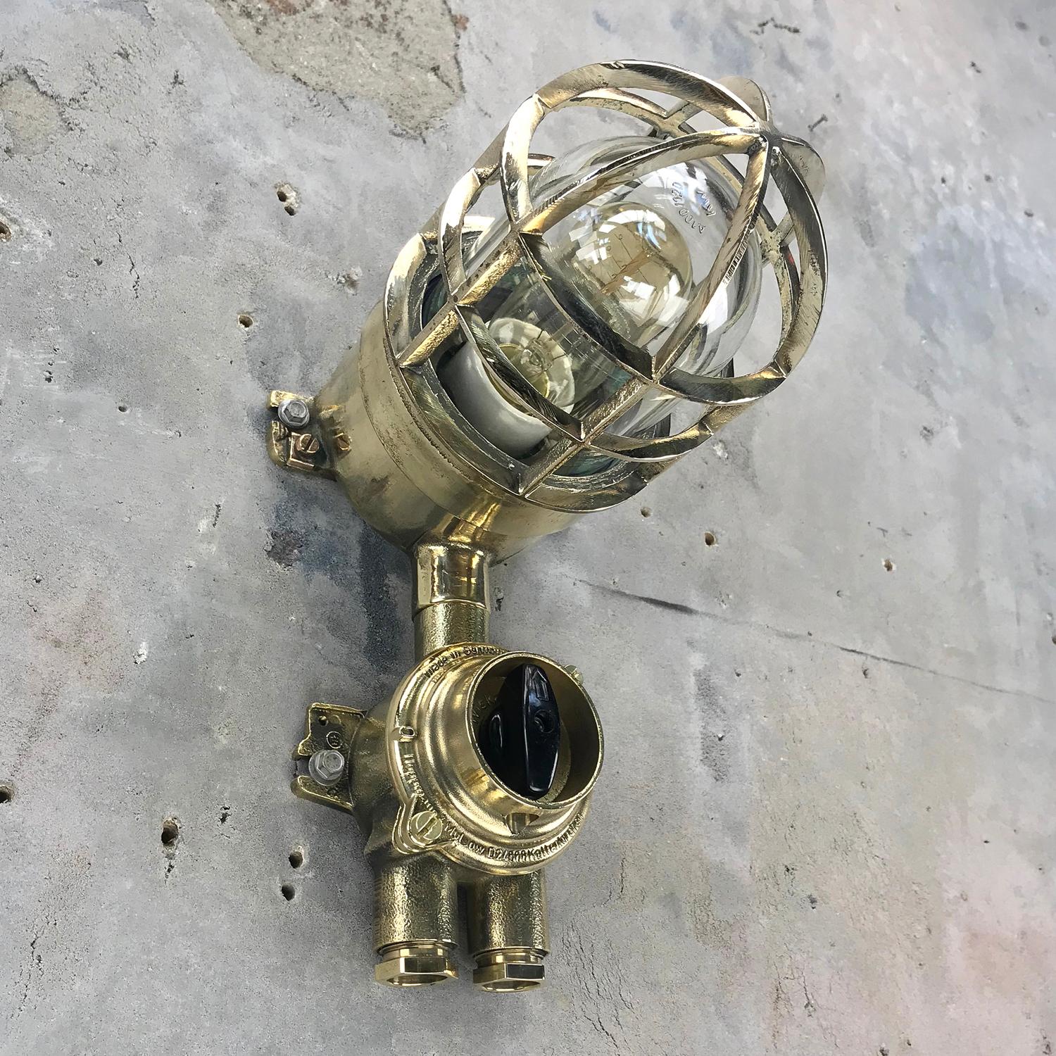 1970s German Explosion Proof Wall Light Cast Brass, Glass Shade & Rotary Switch For Sale 10