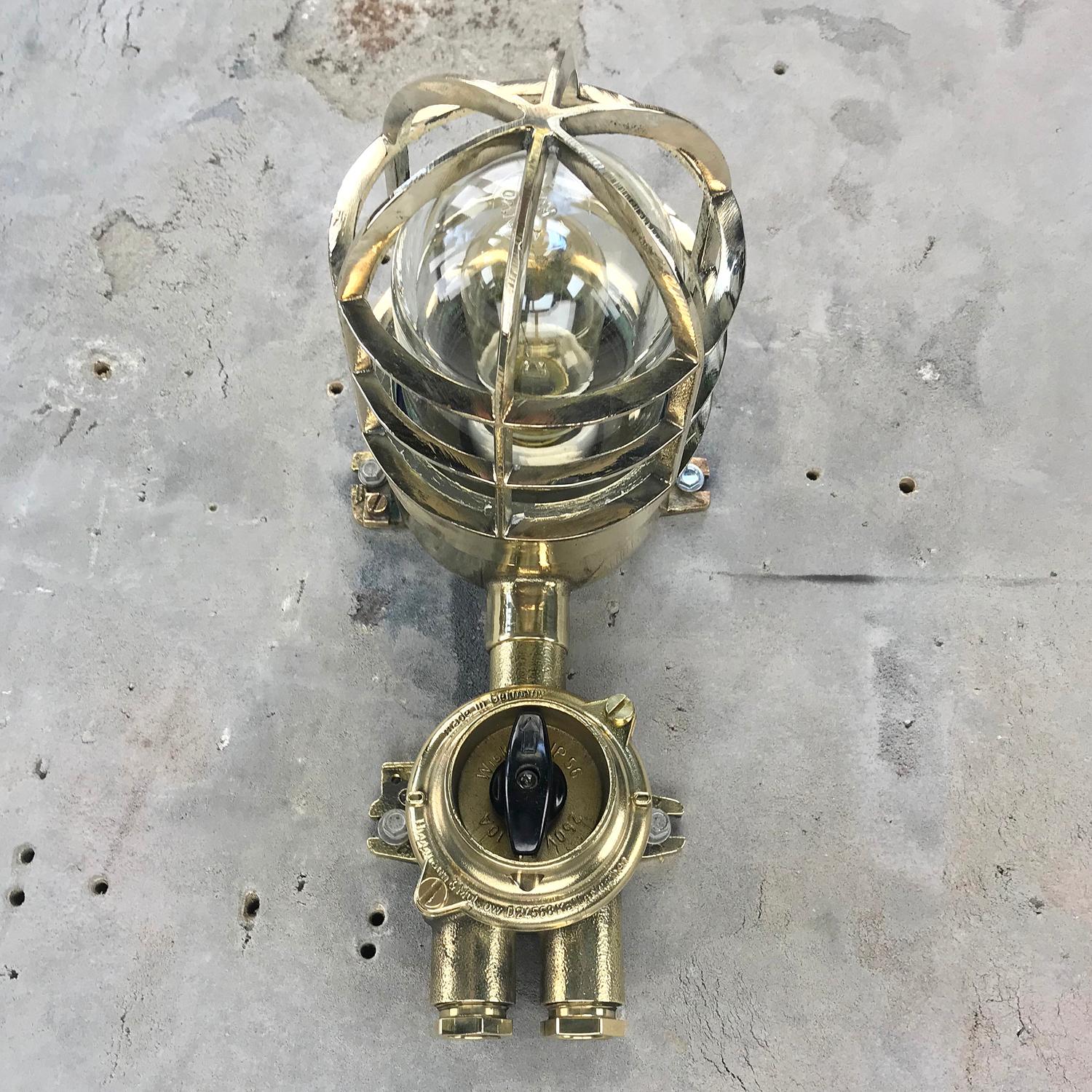 1970s German Explosion Proof Wall Light Cast Brass, Glass Shade & Rotary Switch For Sale 11