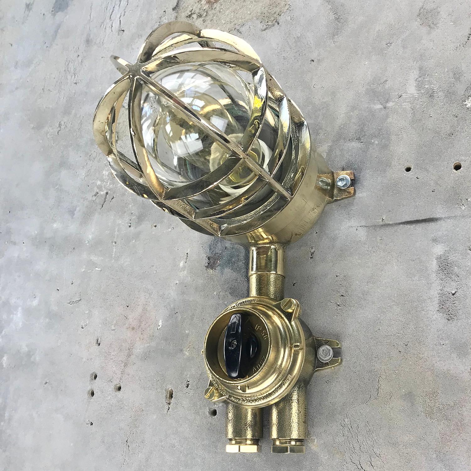 1970s German Explosion Proof Wall Light Cast Brass, Glass Shade & Rotary Switch For Sale 12