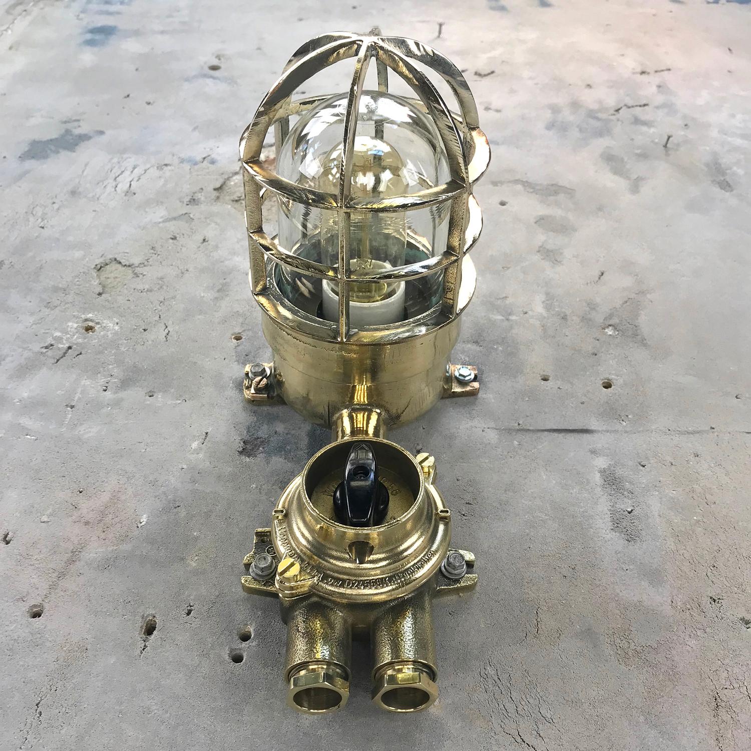 1970s German Explosion Proof Wall Light Cast Brass, Glass Shade & Rotary Switch For Sale 13