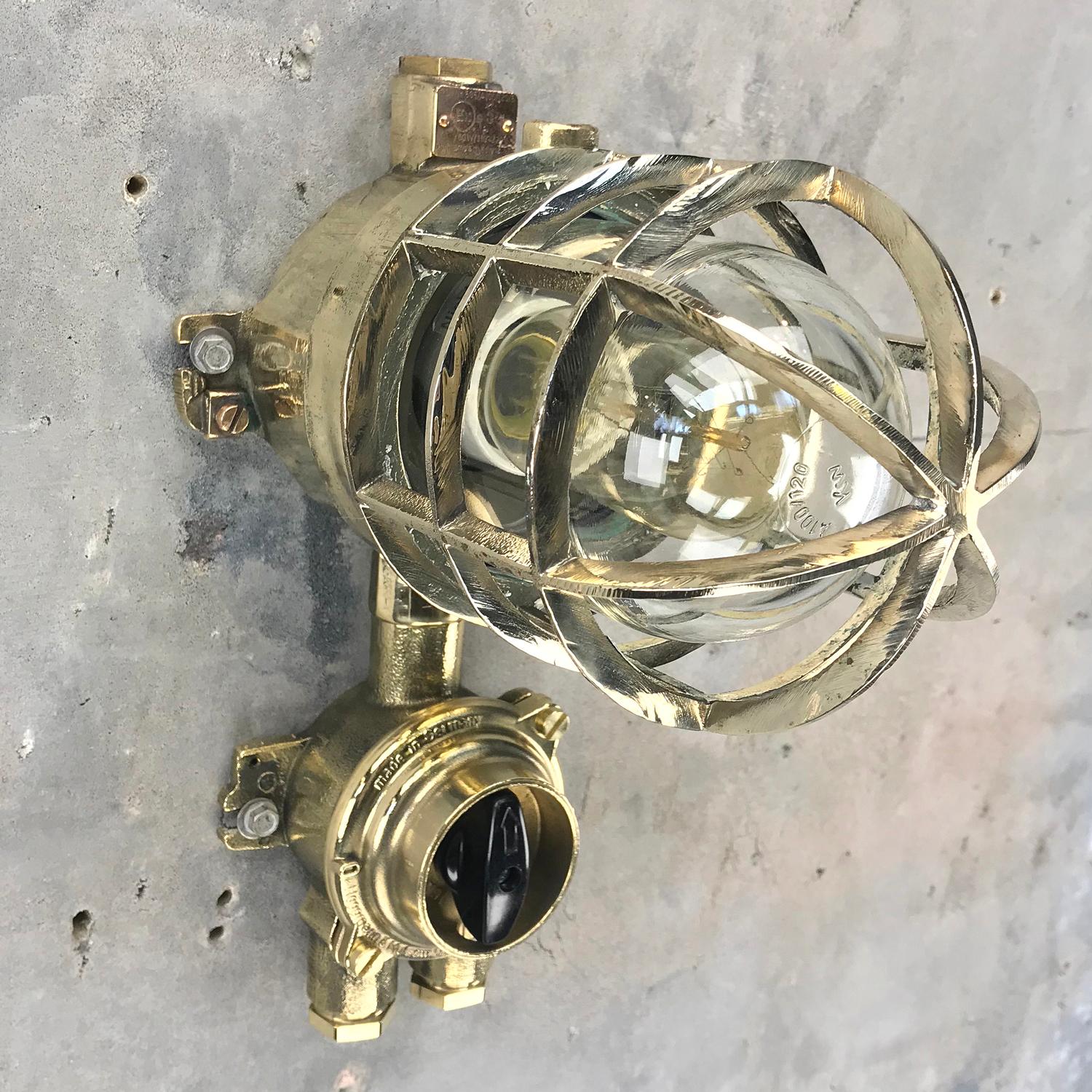 Solid cast bronze and brass explosion proof pendant manufactured, circa 1975 made by Wiska and Centurion who are manufacturers of Ex. (explosion proof) rated fixtures, the lamp comes fitted with a cast brass Wiska isolator switch.
 
Reclaimed from