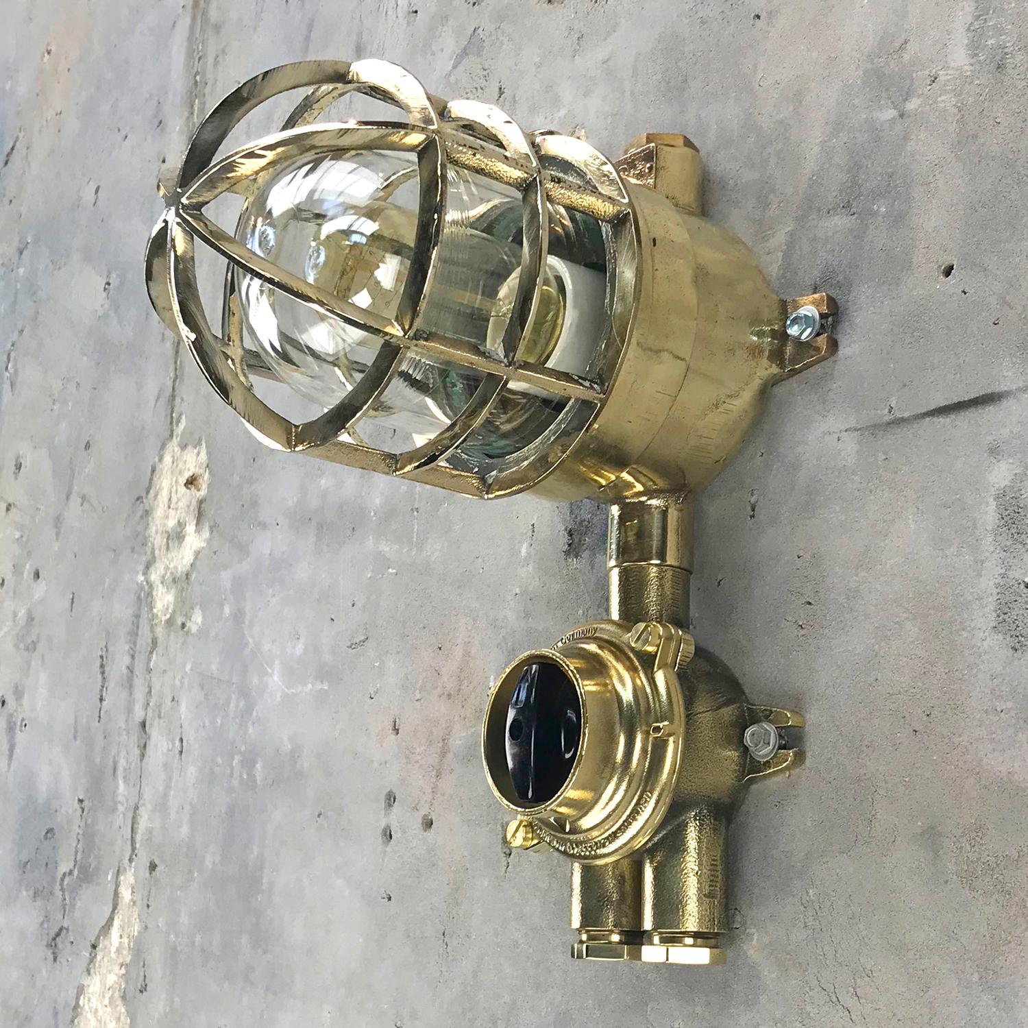 Industrial 1970s German Explosion Proof Wall Light Cast Brass, Glass Shade & Rotary Switch For Sale