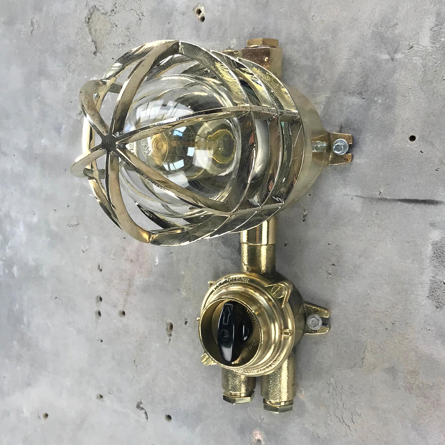 1970s German Explosion Proof Wall Light Cast Brass, Glass Shade & Rotary Switch In Good Condition For Sale In Leicester, Leicestershire