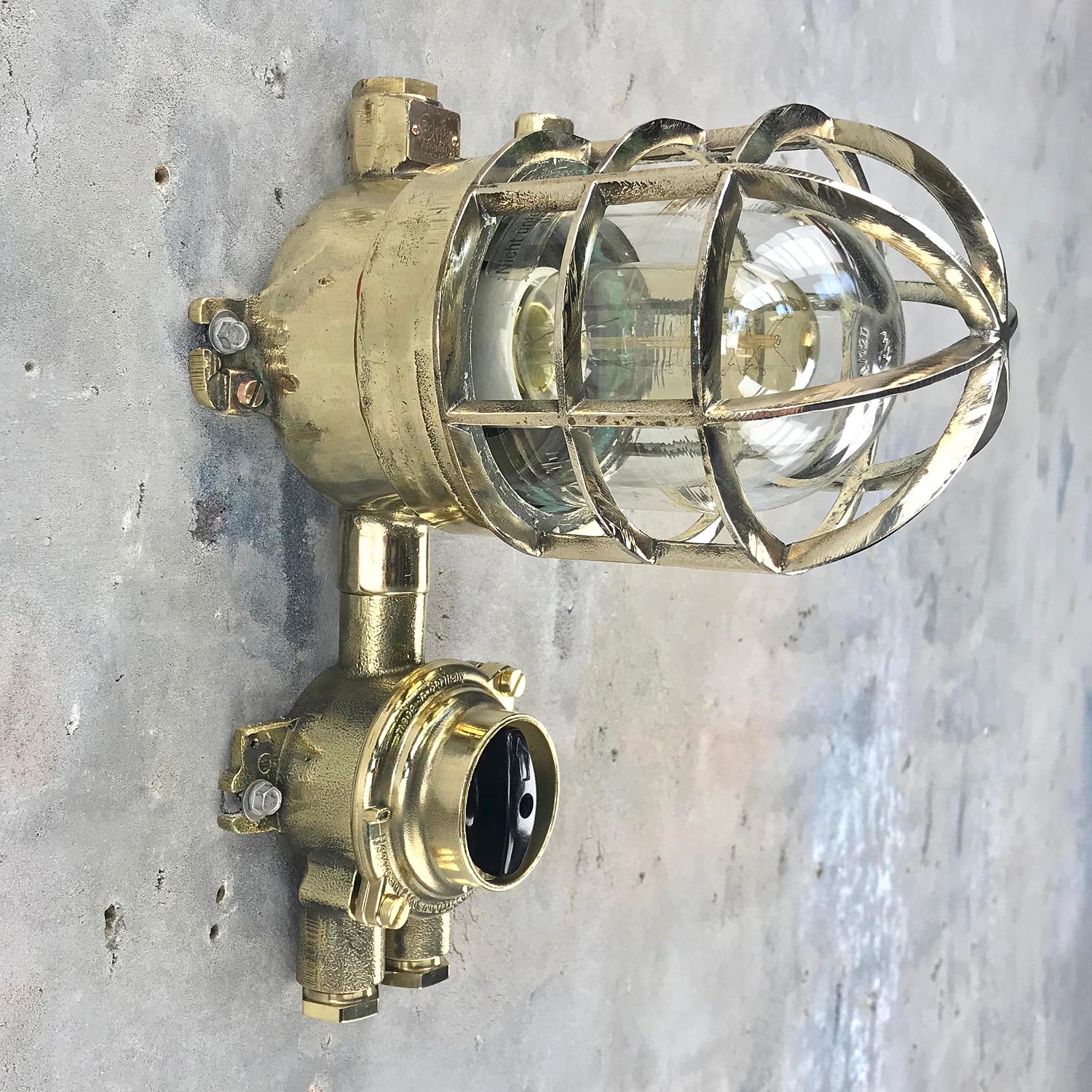 1970s German Explosion Proof Wall Light Cast Brass, Glass Shade & Rotary Switch For Sale 1