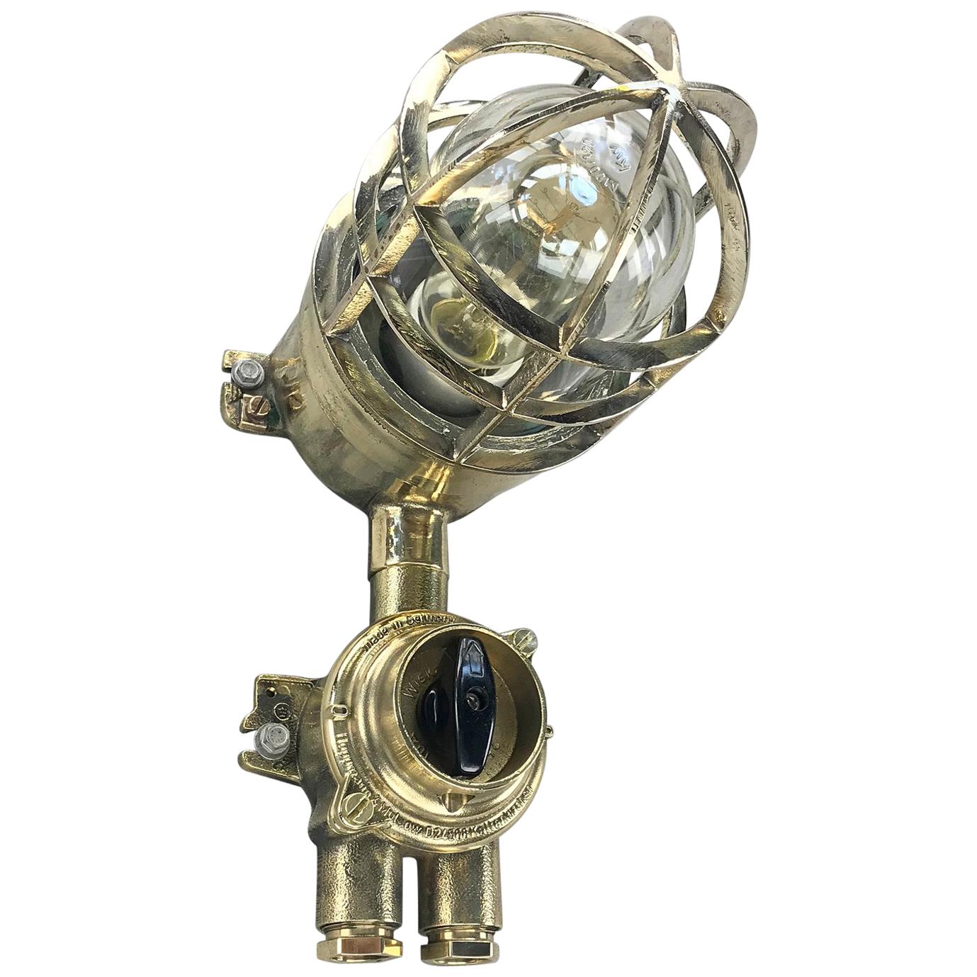 1970s German Explosion Proof Wall Light Cast Brass, Glass Shade & Rotary Switch