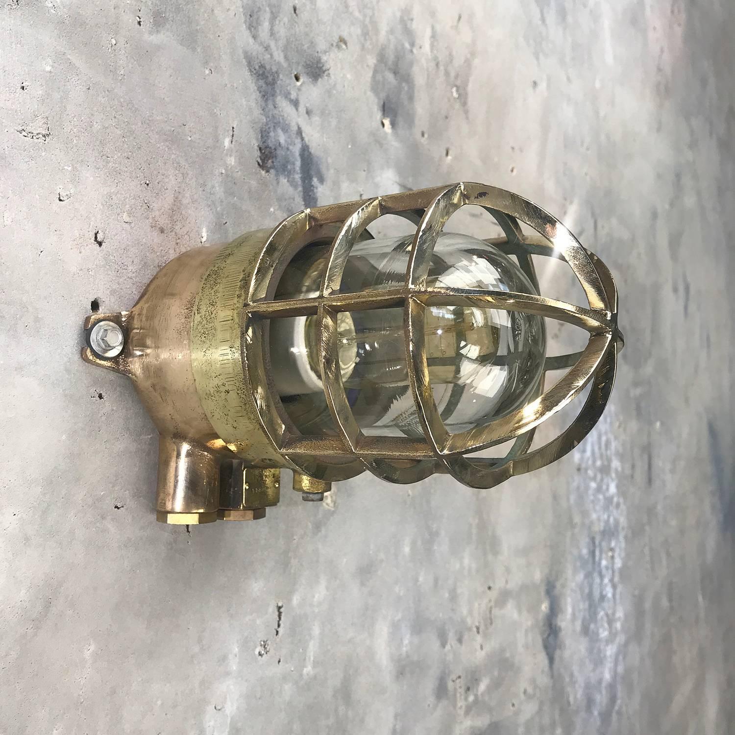 Late 20th Century 1970s German Explosion Proof Wall Light Cast Bronze, Brass, Glass Shade & Cage For Sale