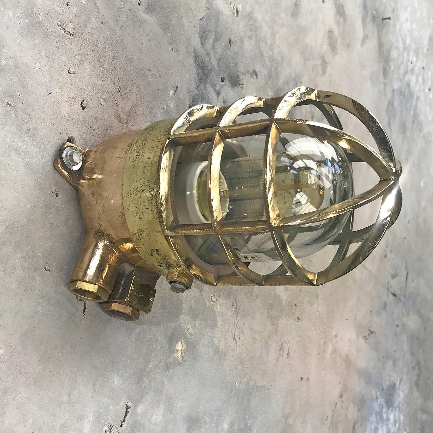 1970s German Explosion Proof Wall Light Cast Bronze, Brass, Glass Shade & Cage For Sale 1