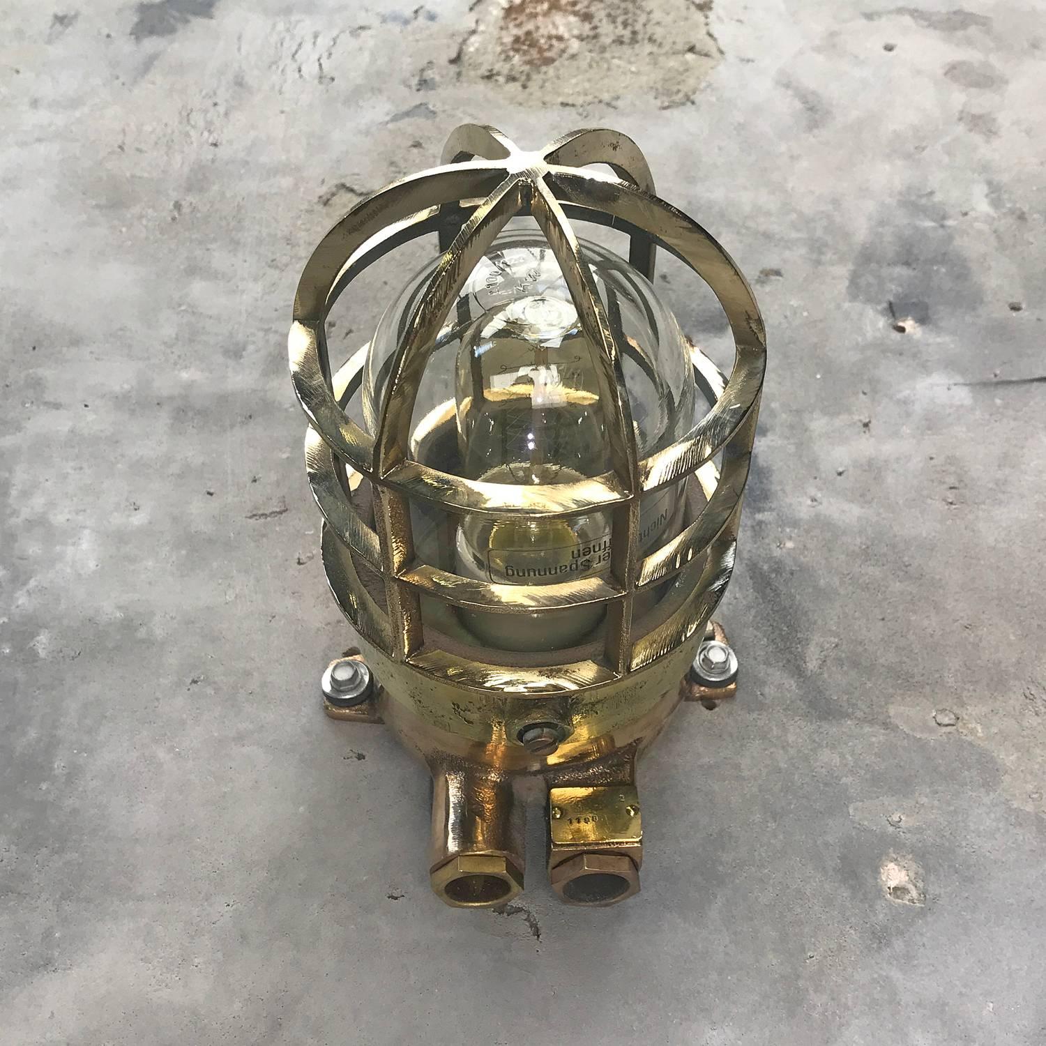1970s German Explosion Proof Wall Light Cast Bronze, Brass, Glass Shade & Cage For Sale 2