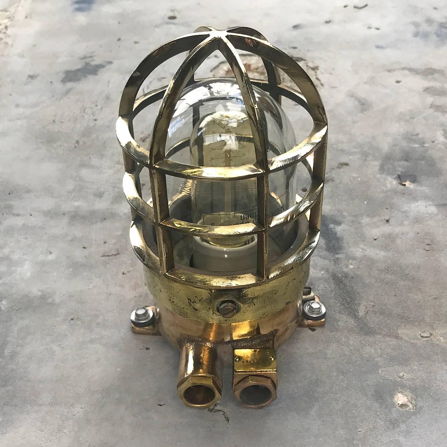 1970s German Explosion Proof Wall Light Cast Bronze, Brass, Glass Shade & Cage For Sale 3