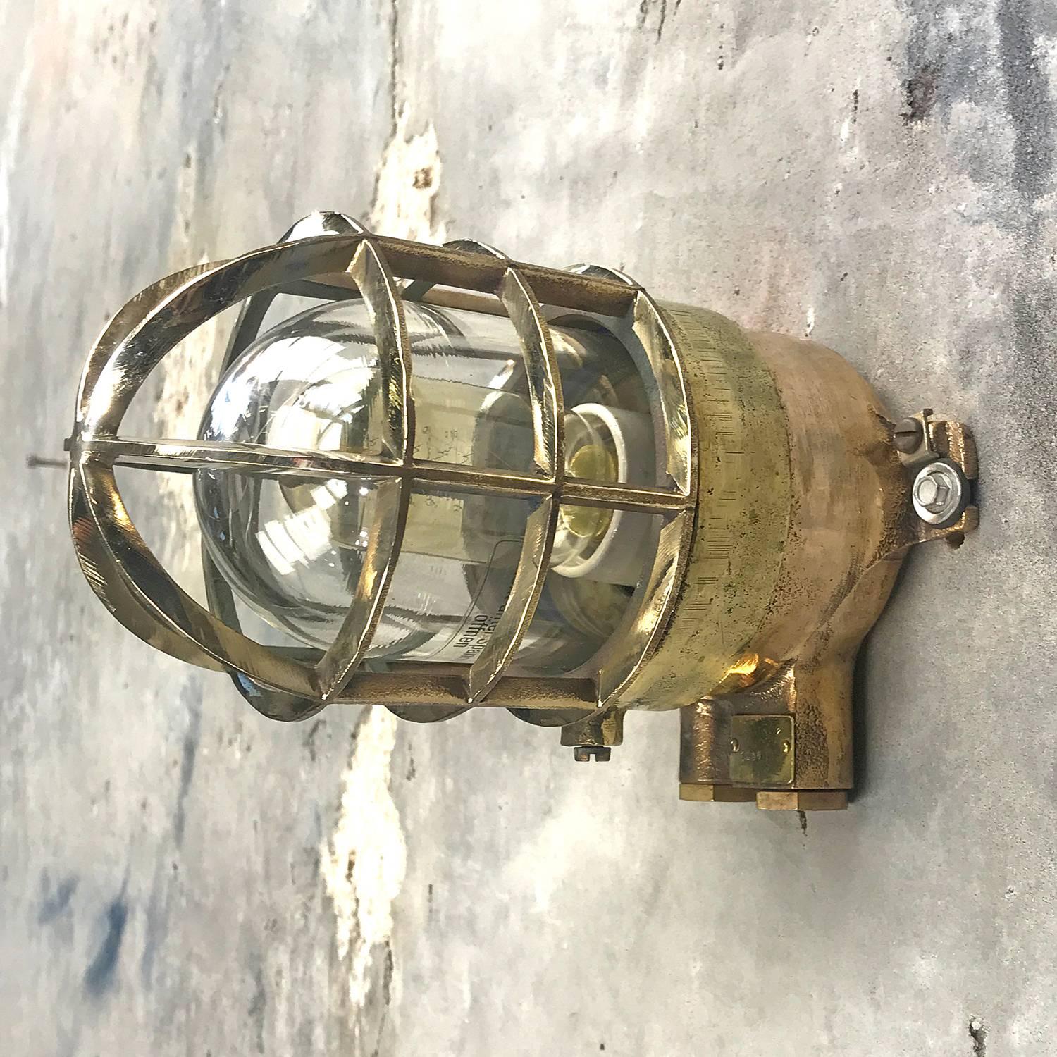 1970s German Explosion Proof Wall Light Cast Bronze, Brass, Glass Shade & Cage For Sale 5