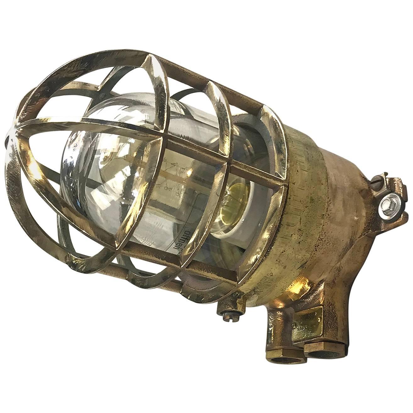 1970s German Explosion Proof Wall Light Cast Bronze, Brass, Glass Shade & Cage