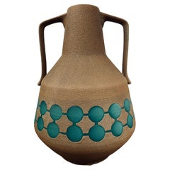 1970s German Fat Lava Matte Mottled Brown & Turquoise Glass Pottery Jug Vase
