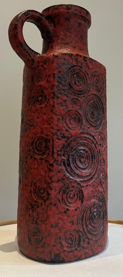 1970s German Fat Lava Scheurich Keramik Red & Black Handled "Jura" Pottery Vase