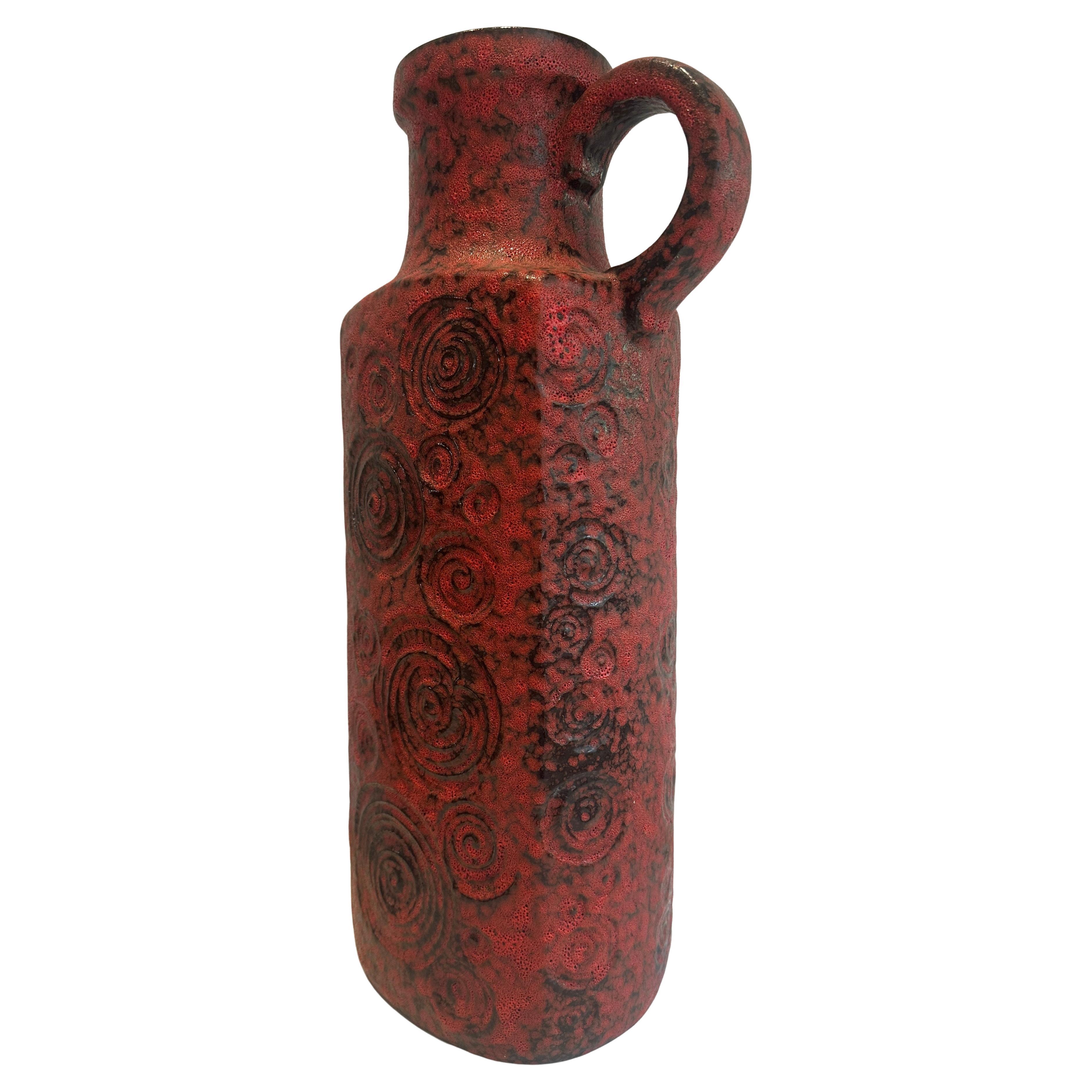 1970s German Fat Lava Scheurich Keramik Red & Black Handled "Jura" Pottery Vase For Sale