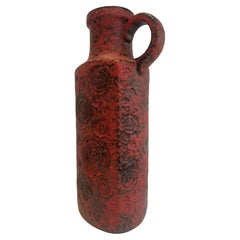 1970s German Fat Lava Scheurich Keramik Red & Black Handled "Jura" Pottery Vase