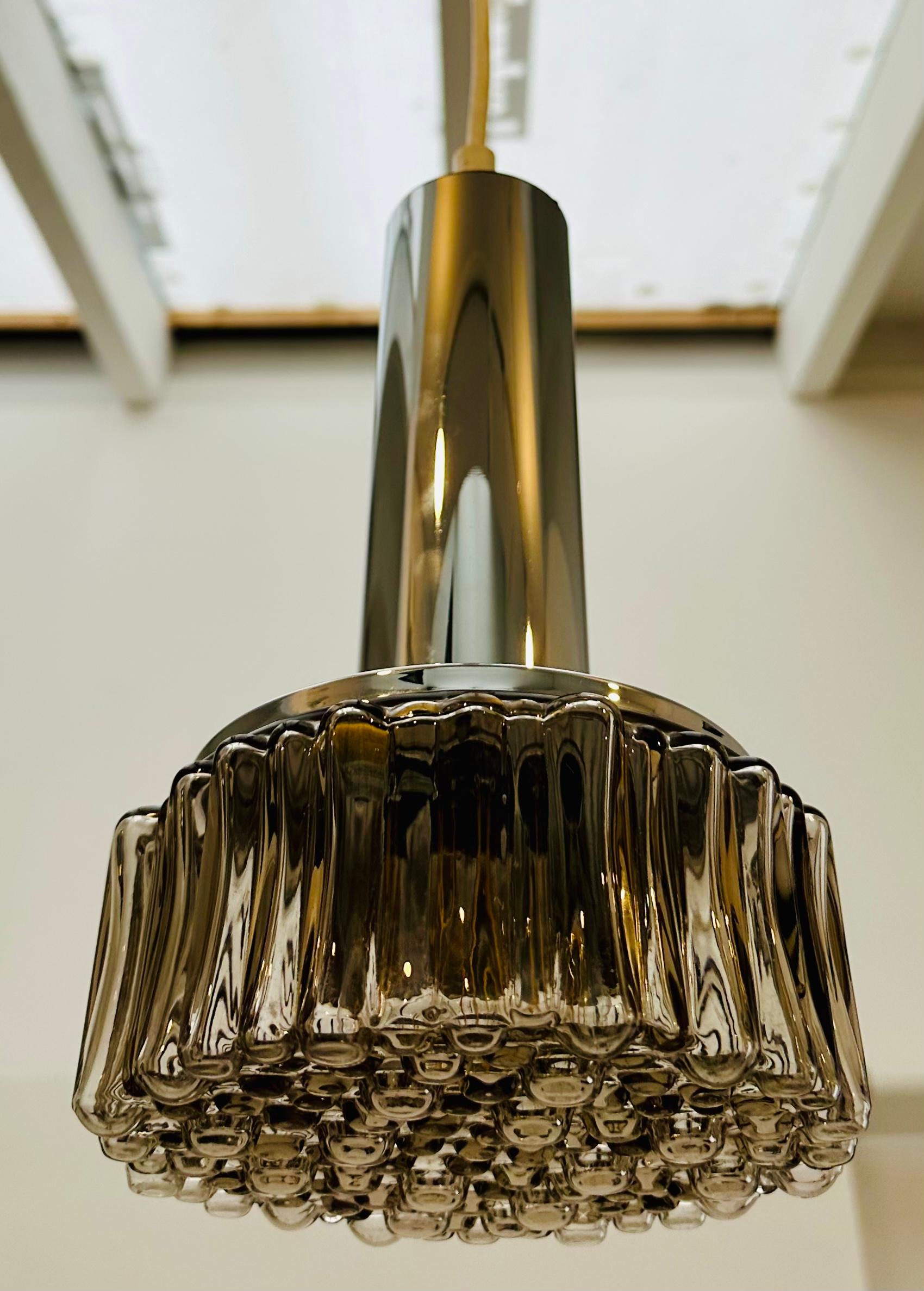 1970s German Staff Leuchten Chrome & Smoked Grey Glass Pendant Light 4 Available In Good Condition For Sale In London, GB