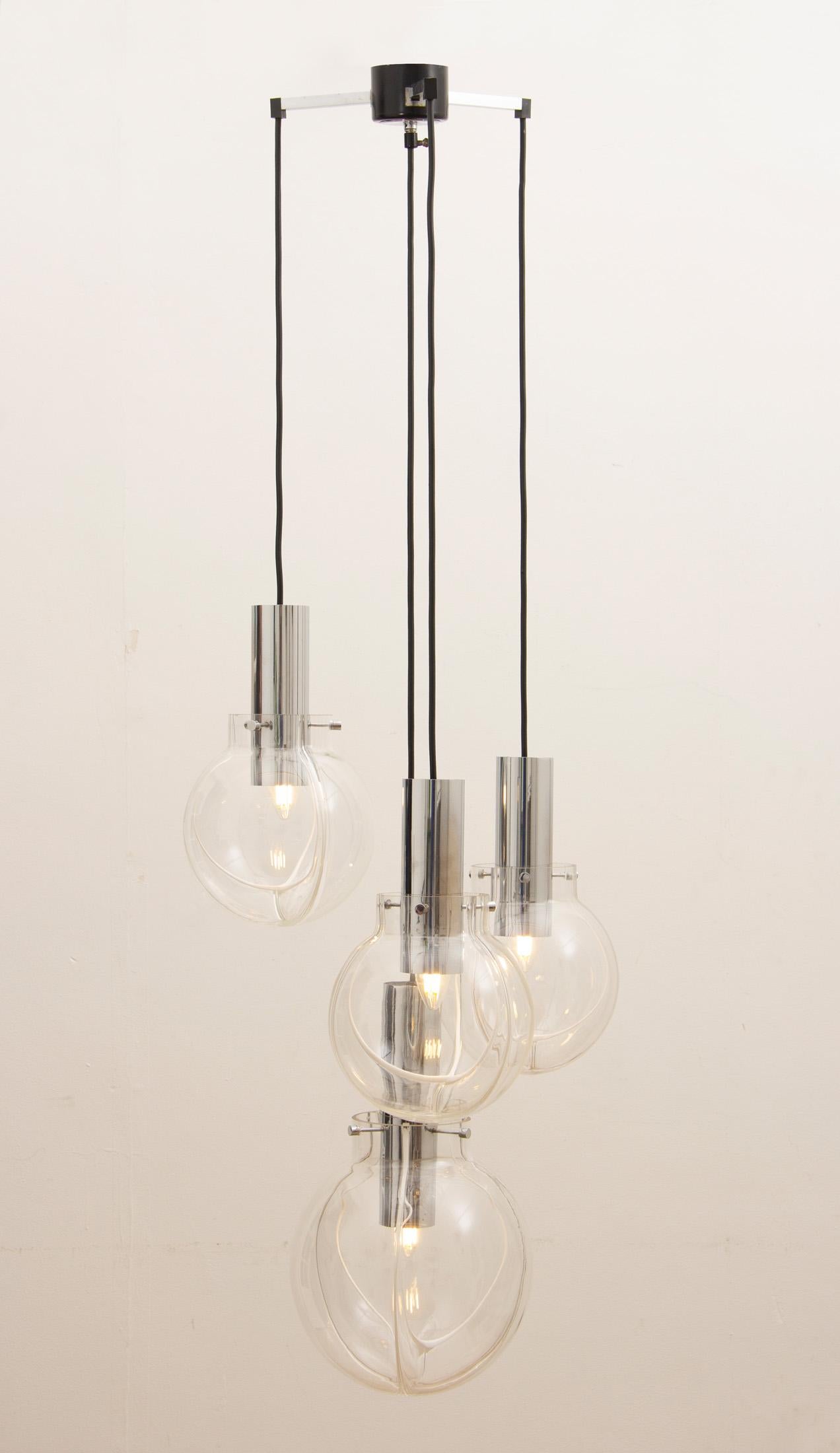 Mid-Century Modern 1970s German Four Globe Clear and White Glass Cascading Hanging Light Chandelier