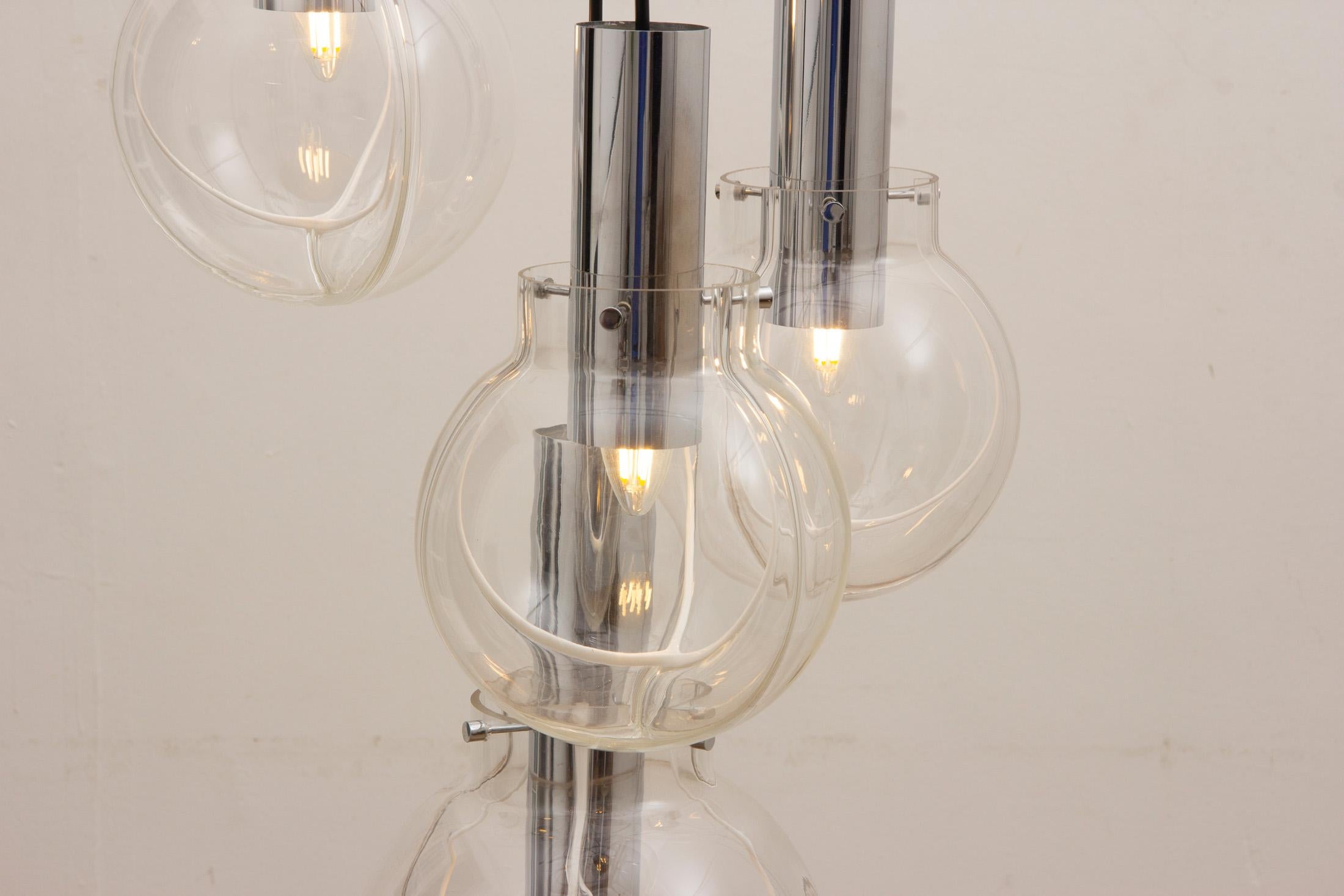 20th Century 1970s German Four Globe Clear and White Glass Cascading Hanging Light Chandelier