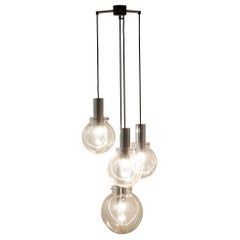 1970s German Four Globe Clear and White Glass Cascading Hanging Light Chandelier