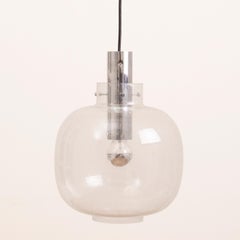 1970s German Glashütte Limburg Bubbled Glass and Chrome Pendant Hanging Light