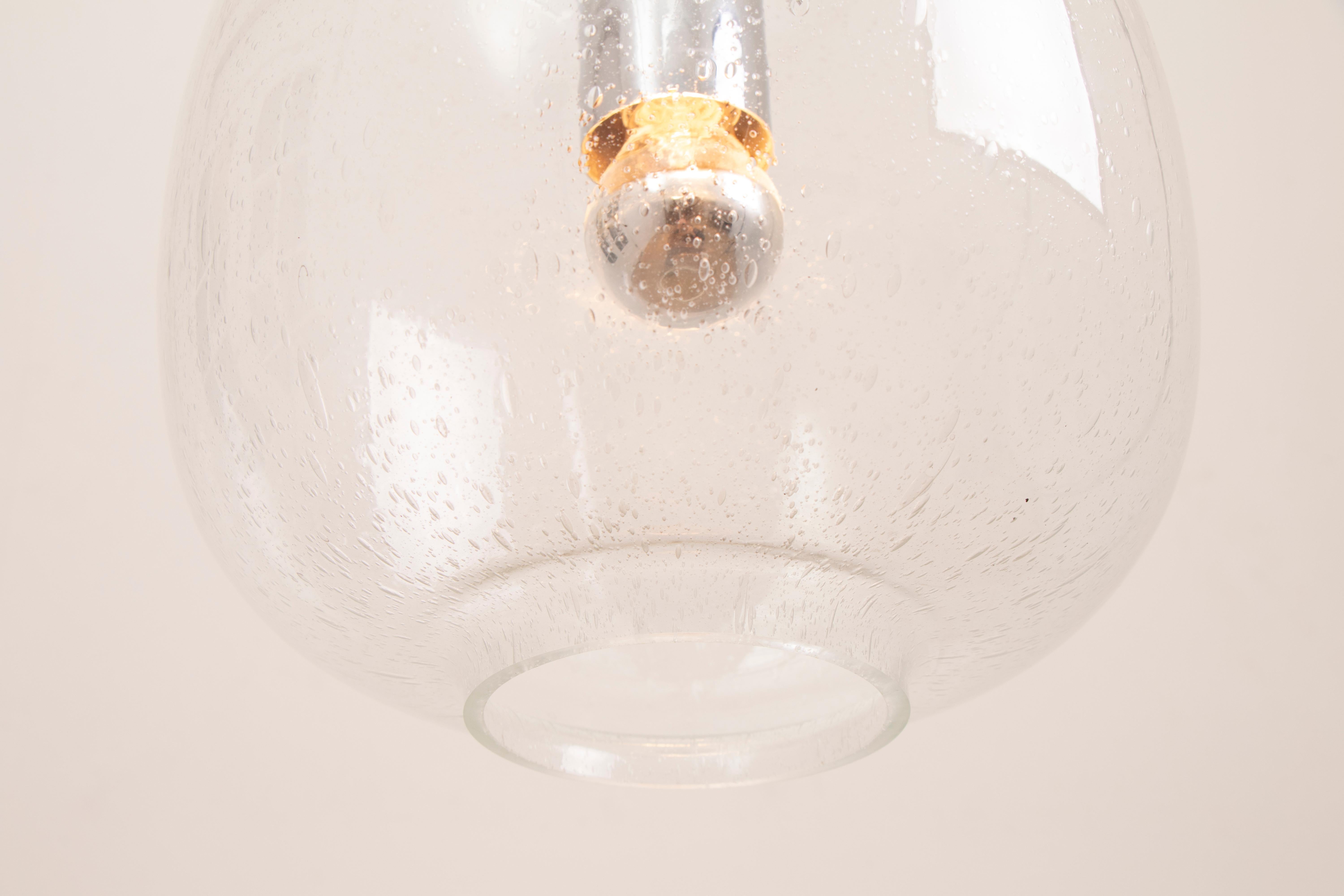 1970s German Glashütte Limburg Bubbled Glass and Chrome Pendant Hanging Light In Good Condition In London, GB