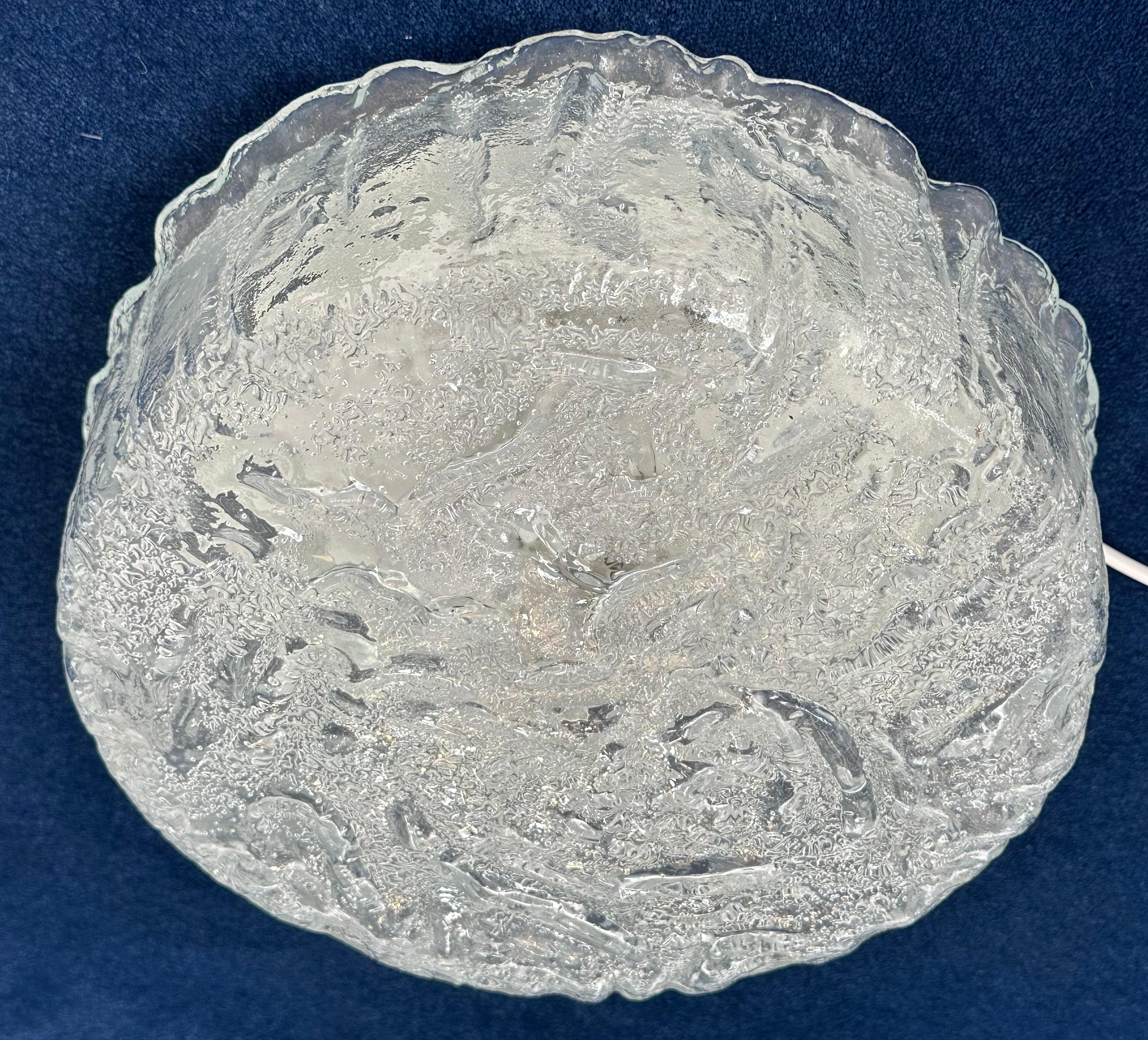 1970s German Glashütte Limburg Iced Glass Flush Mount Ceiling or Wall Light For Sale 5