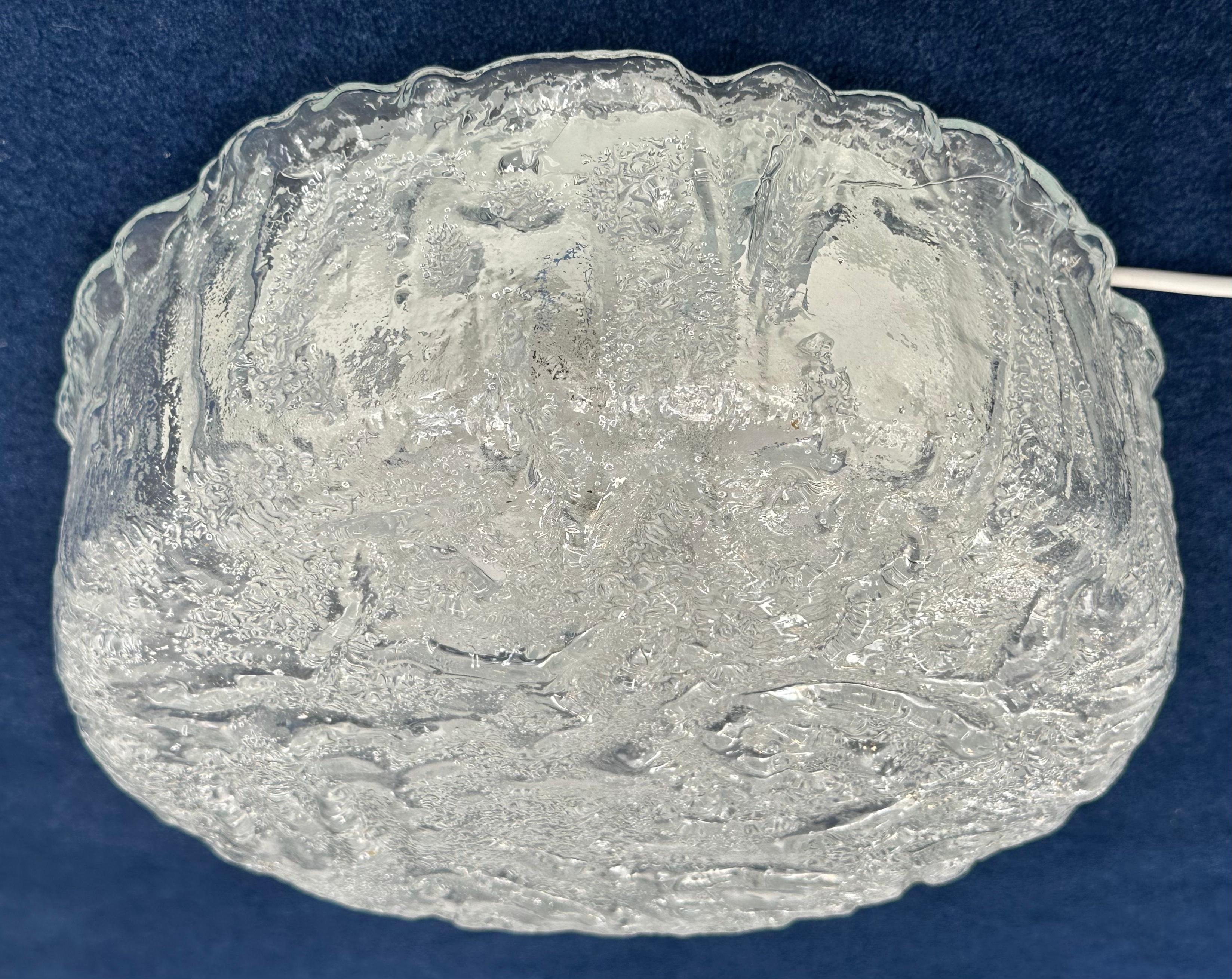 1970s German Glashütte Limburg Iced Glass Flush Mount Ceiling or Wall Light For Sale 2