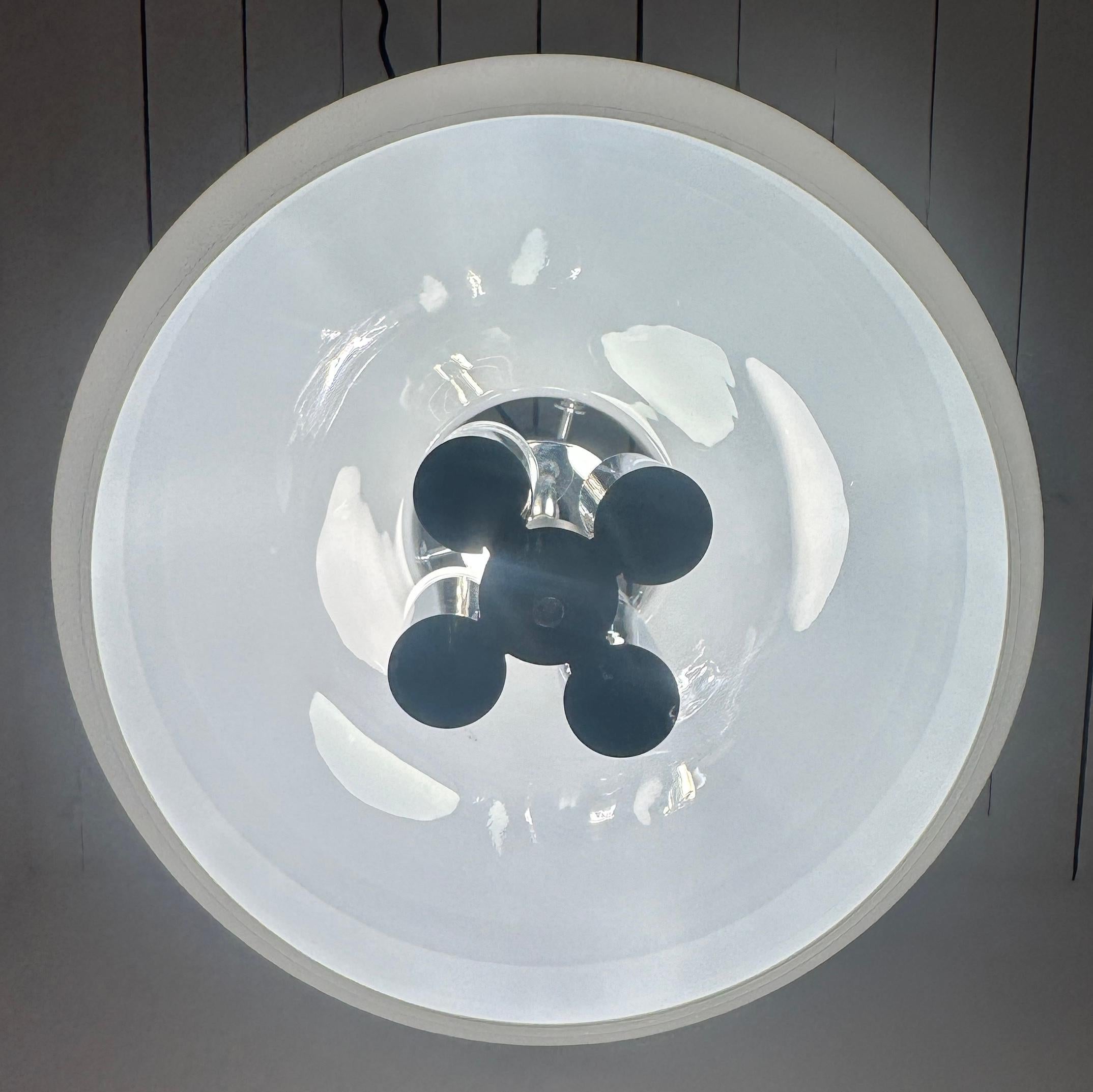 1970s German Glashütte Limburg Opaline Glass & Chrome Hanging Pendant Light For Sale 5