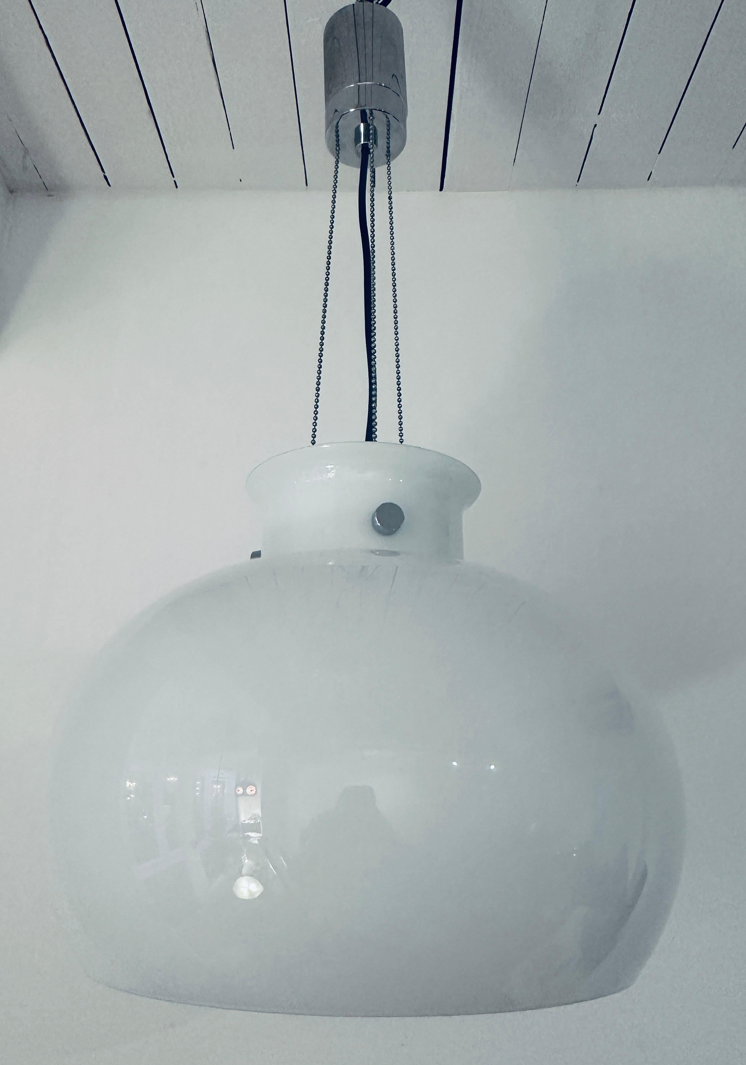 1970s German Glashütte Limburg Opaline Glass & Chrome Hanging Pendant Light For Sale 7