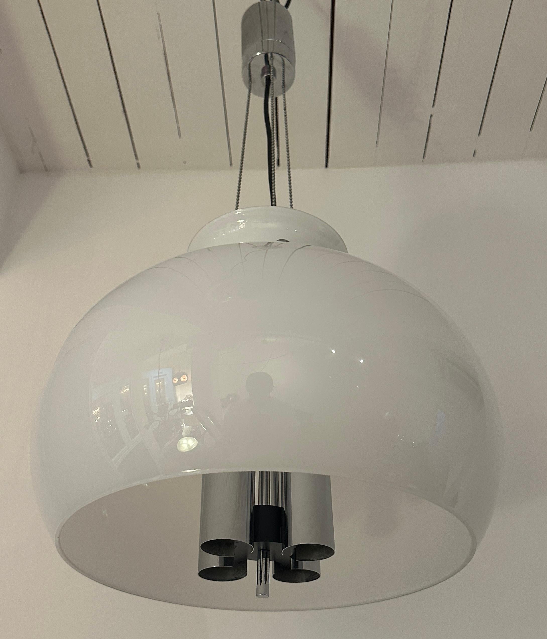 1970s German Glashütte Limburg Opaline Glass & Chrome Hanging Pendant Light For Sale 8