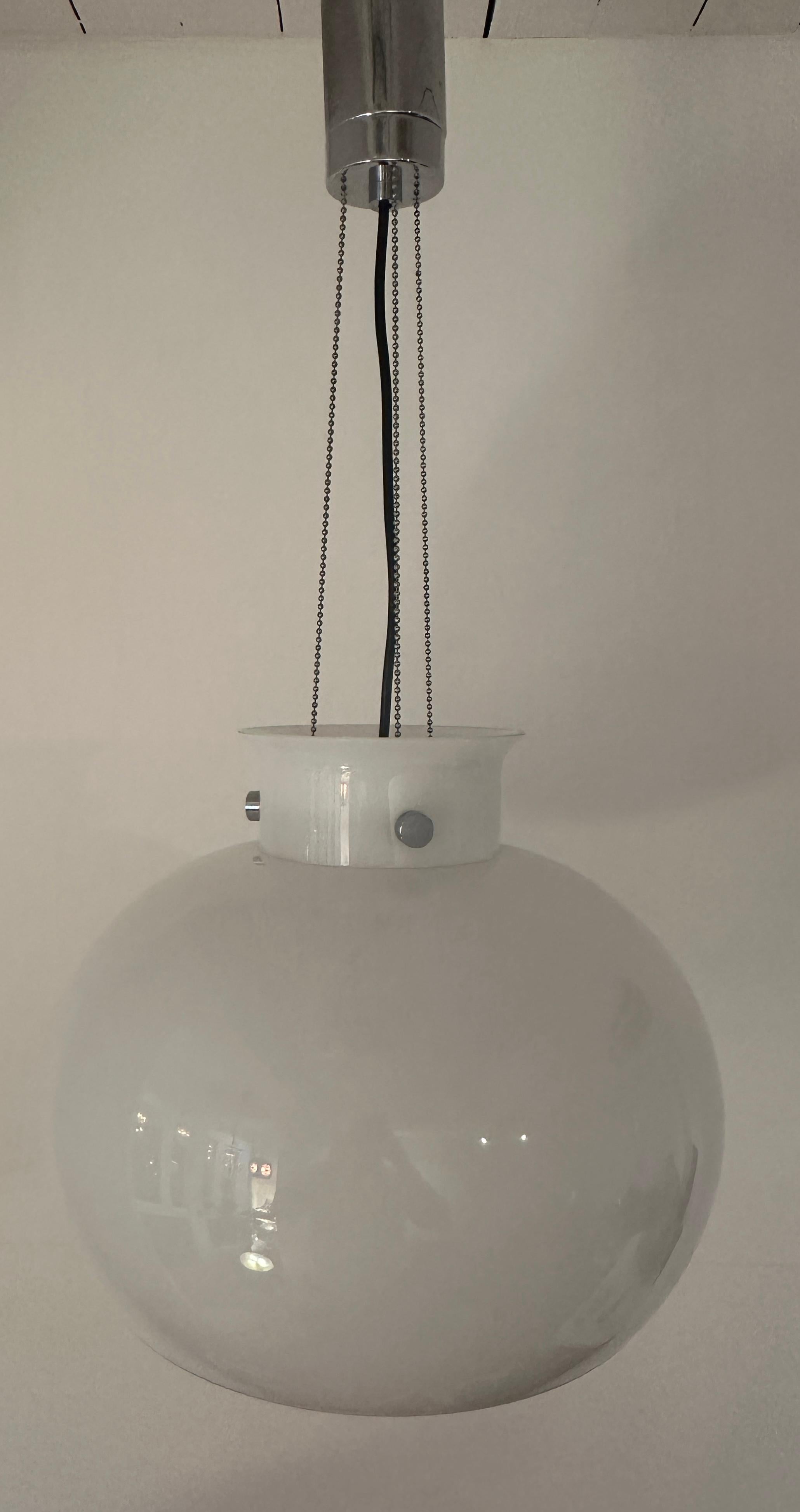 1970s German Glashütte Limburg Opaline Glass & Chrome Hanging Pendant Light For Sale 11