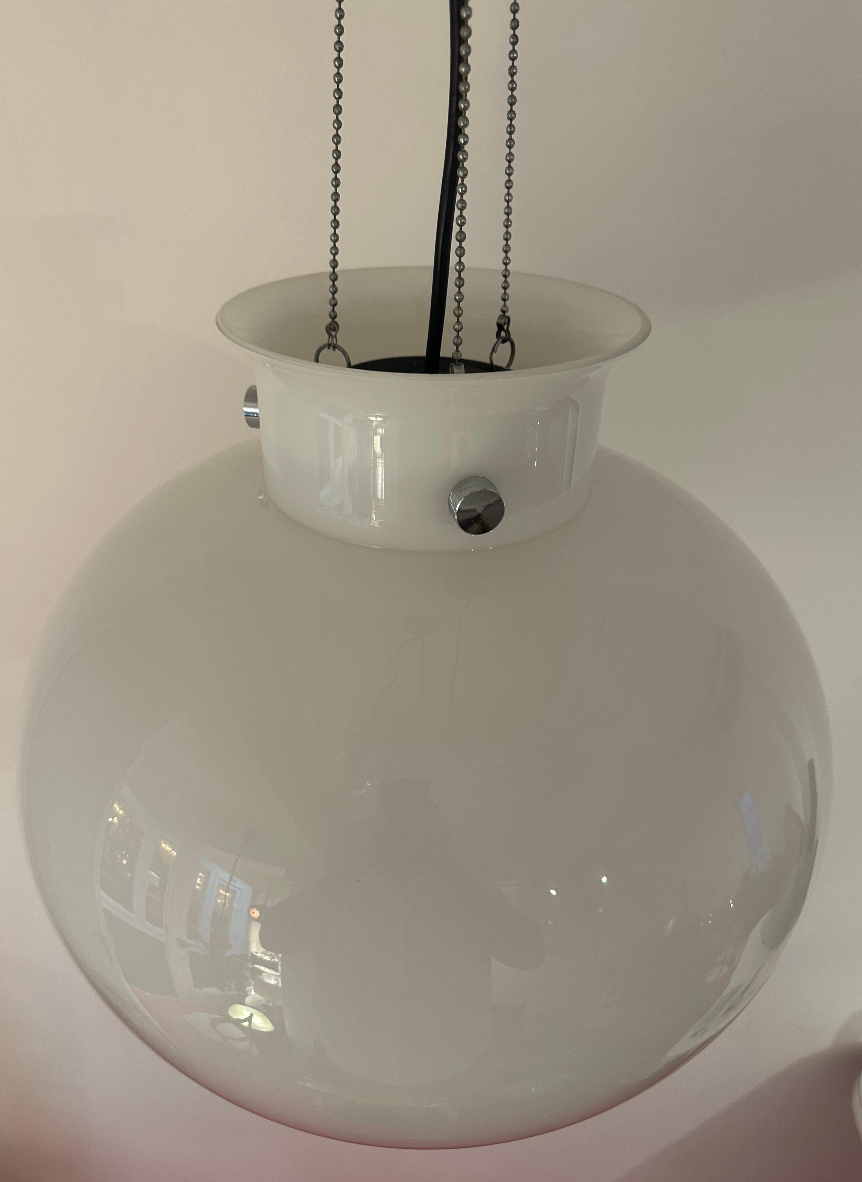 1970s German Glashütte Limburg Opaline Glass & Chrome Hanging Pendant Light For Sale 12