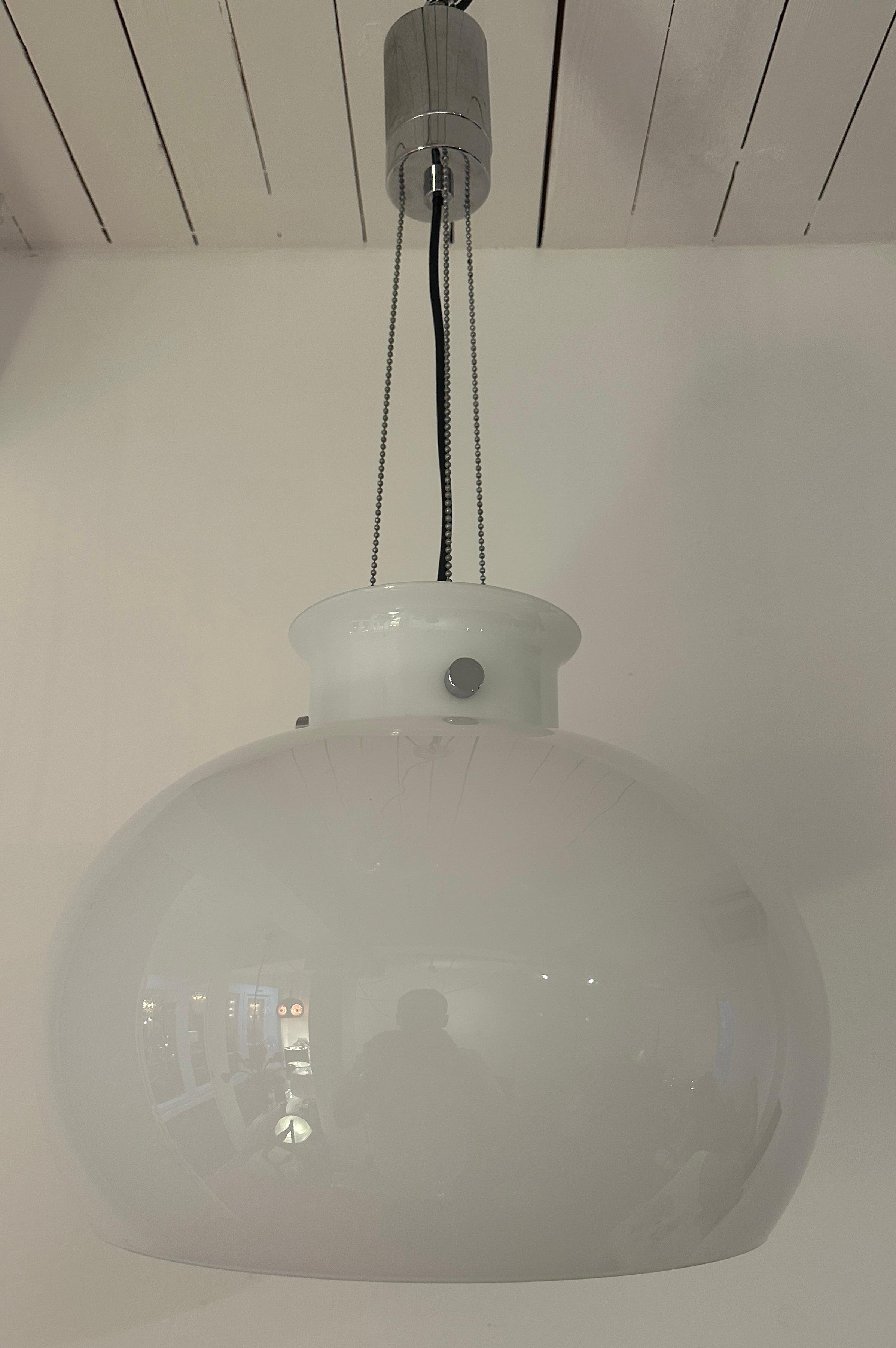 1970s German Glashütte Limburg Opaline Glass & Chrome Hanging Pendant Light For Sale 14