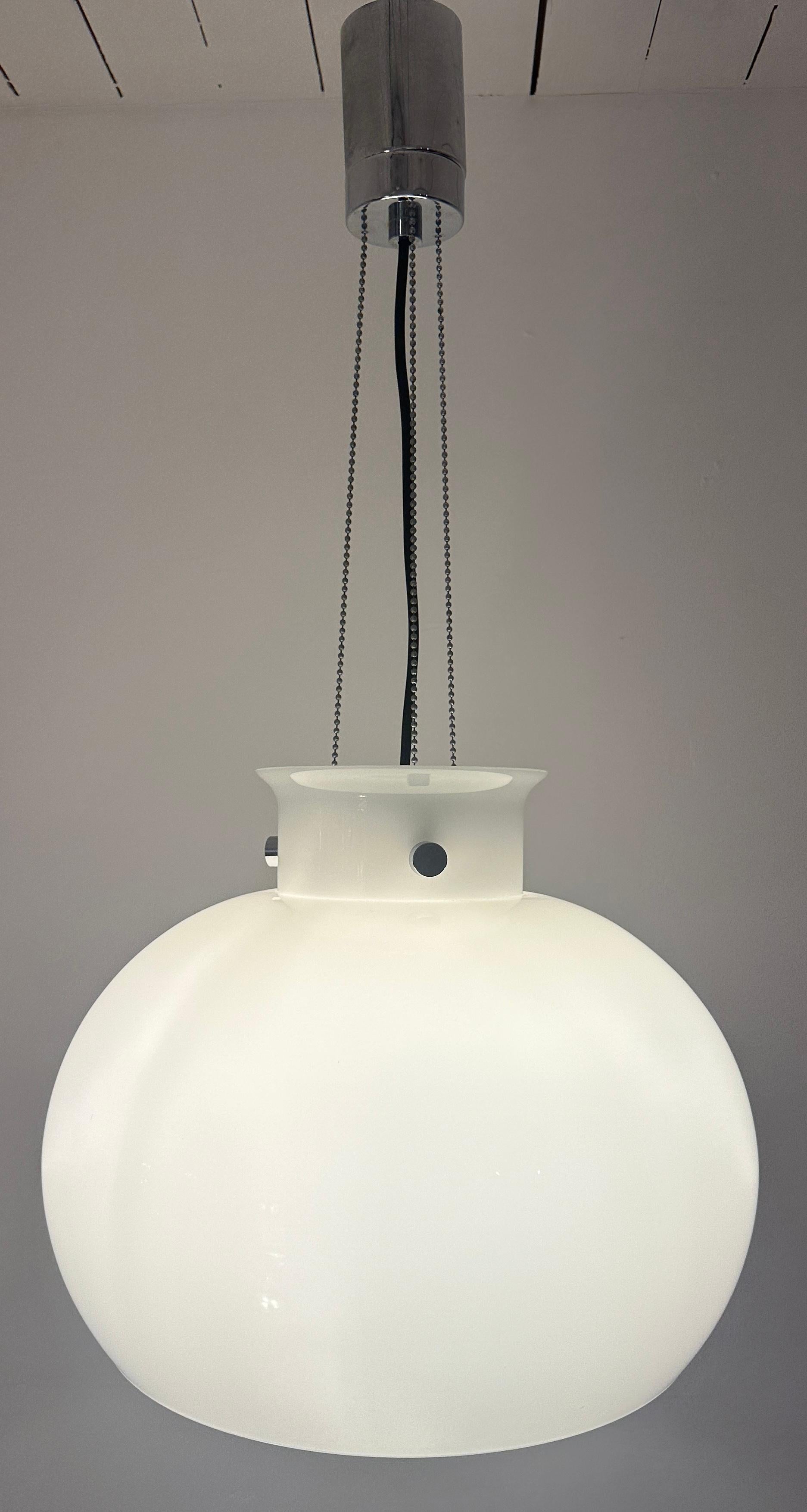 Space Age 1970s German Glashütte Limburg Opaline Glass & Chrome Hanging Pendant Light For Sale