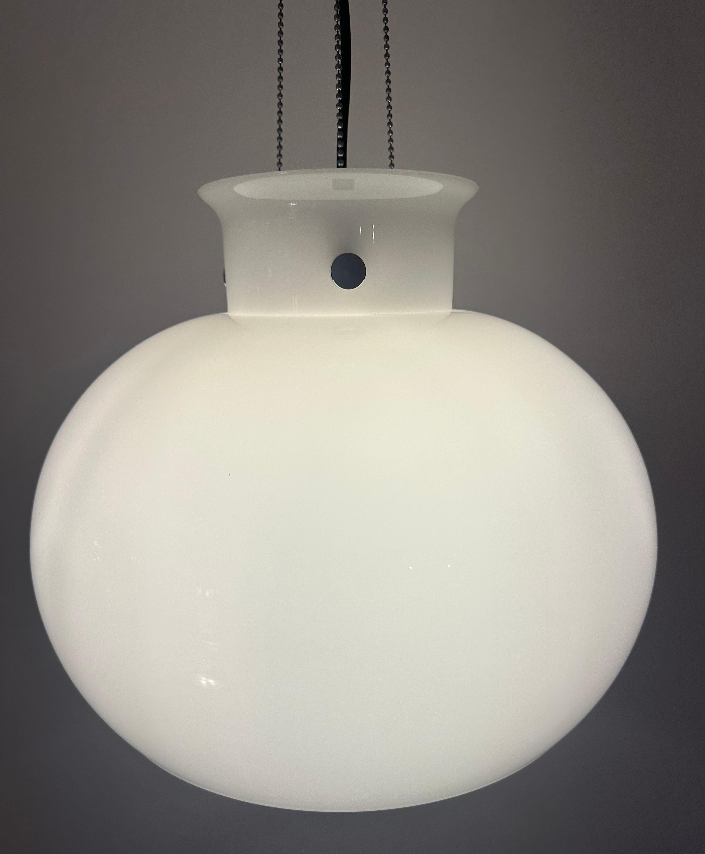 Polished 1970s German Glashütte Limburg Opaline Glass & Chrome Hanging Pendant Light For Sale