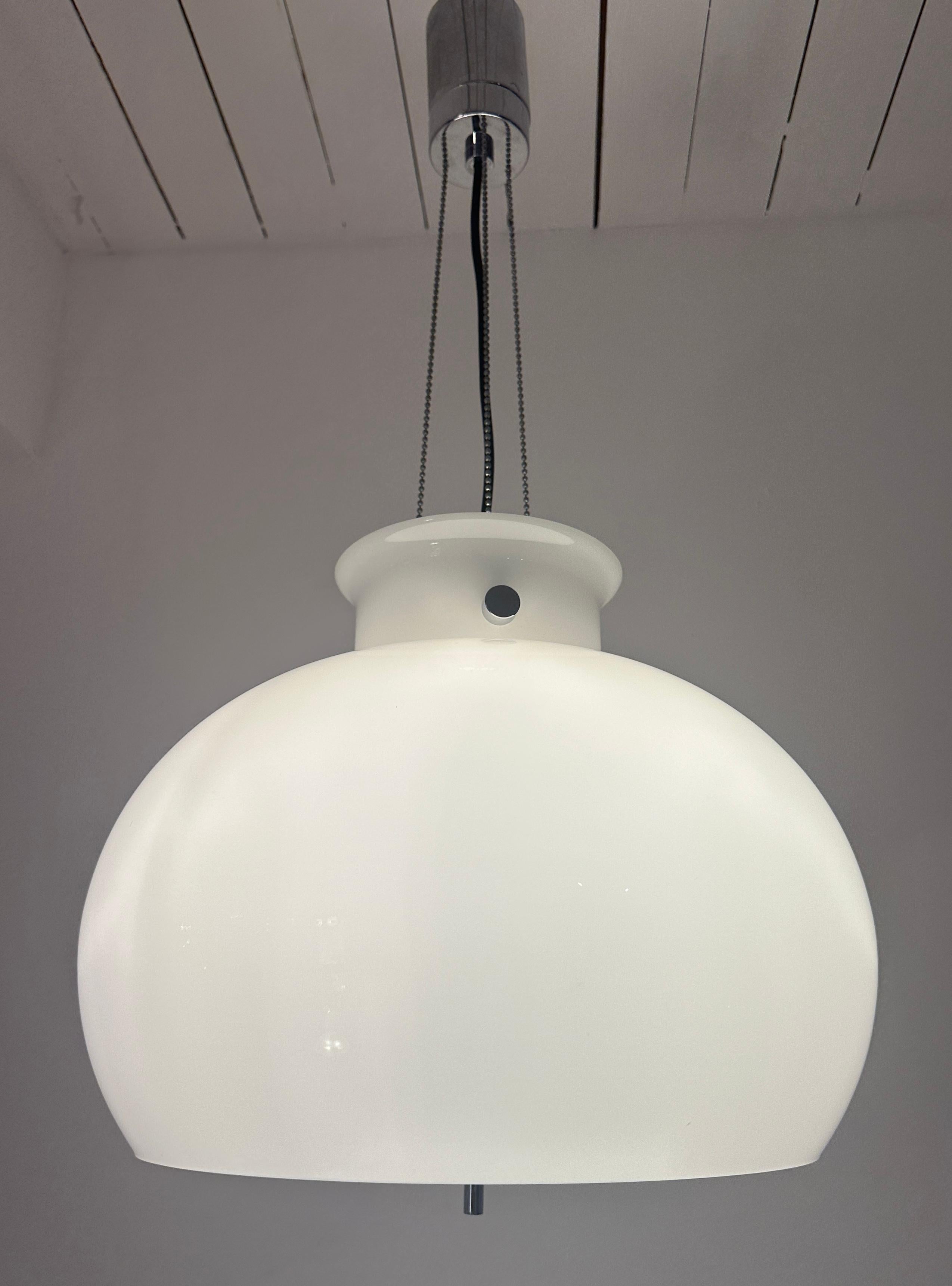 1970s German Glashütte Limburg Opaline Glass & Chrome Hanging Pendant Light In Good Condition For Sale In London, GB