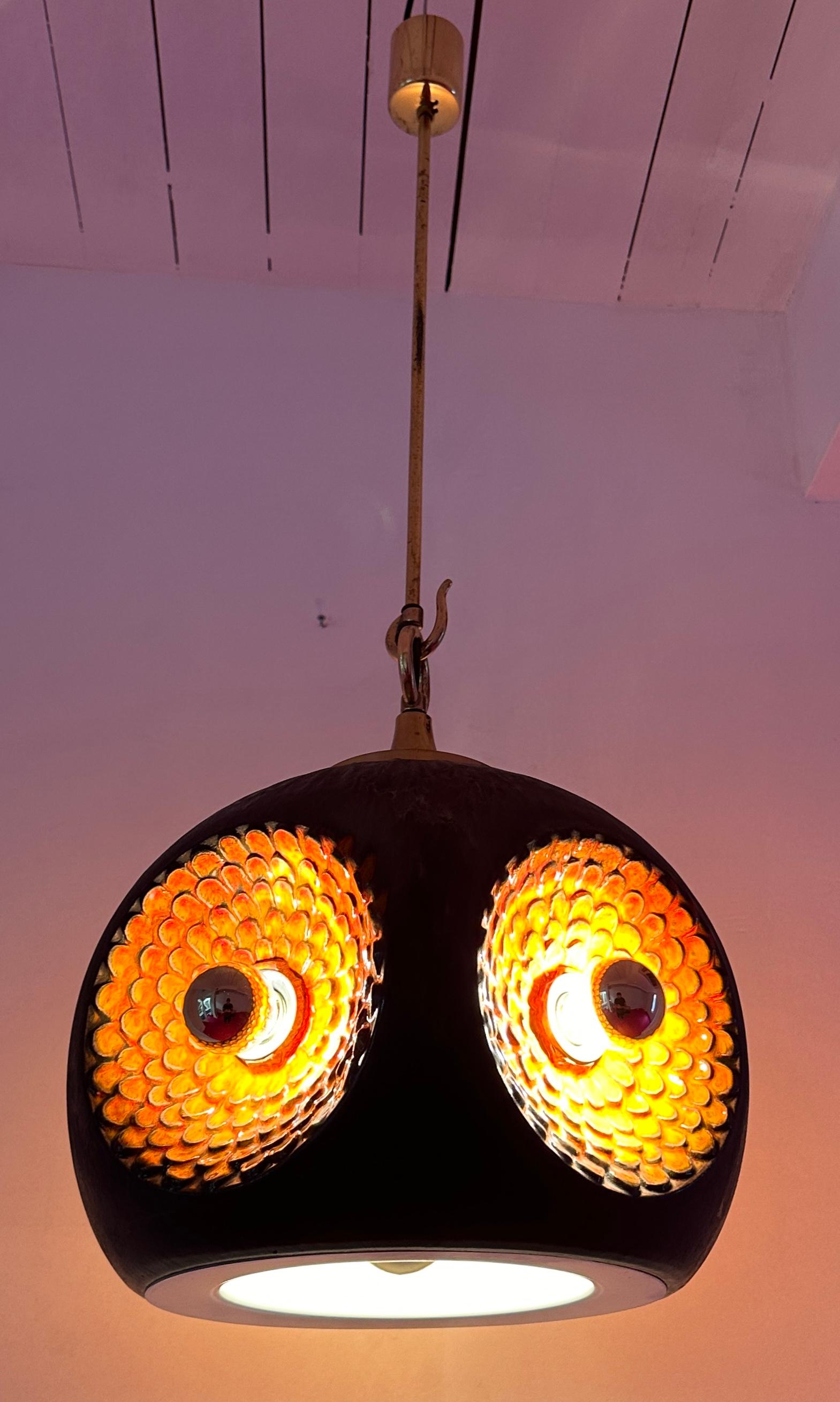 1970s German Glazed Ceramic Iridescent Orange & Brown Pendant Hanging Light For Sale 3