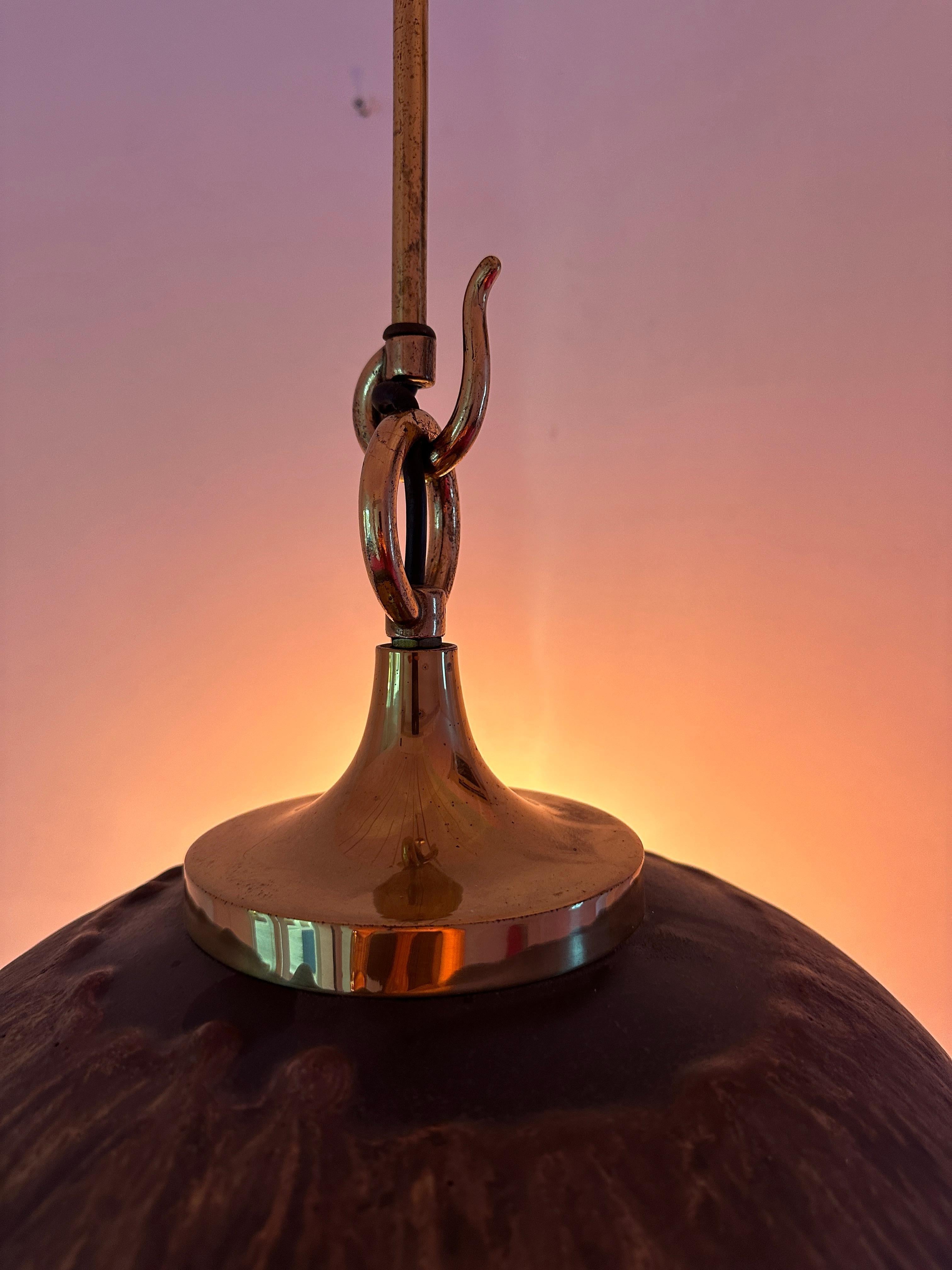 1970s German Glazed Ceramic Iridescent Orange & Brown Pendant Hanging Light For Sale 4