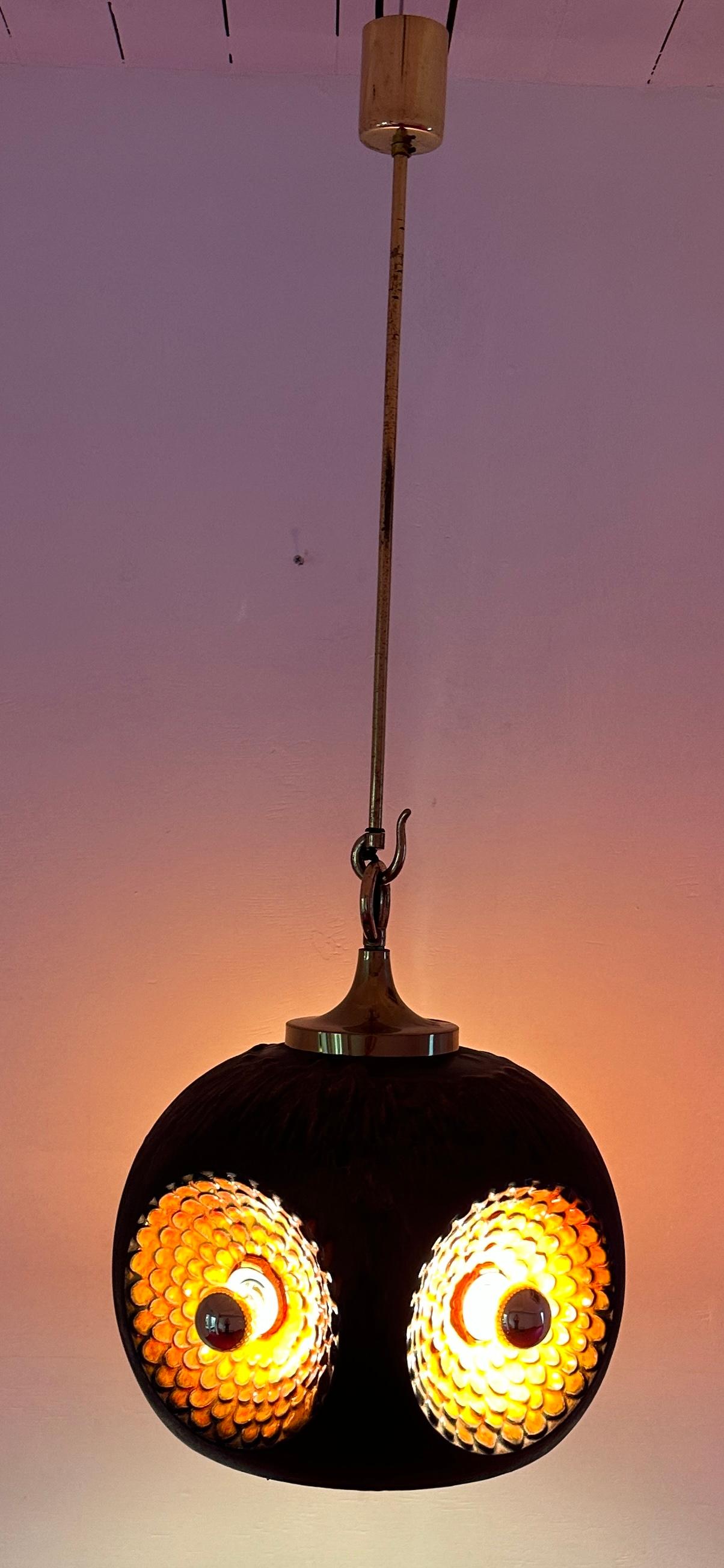 1970s German Glazed Ceramic Iridescent Orange & Brown Pendant Hanging Light For Sale 5