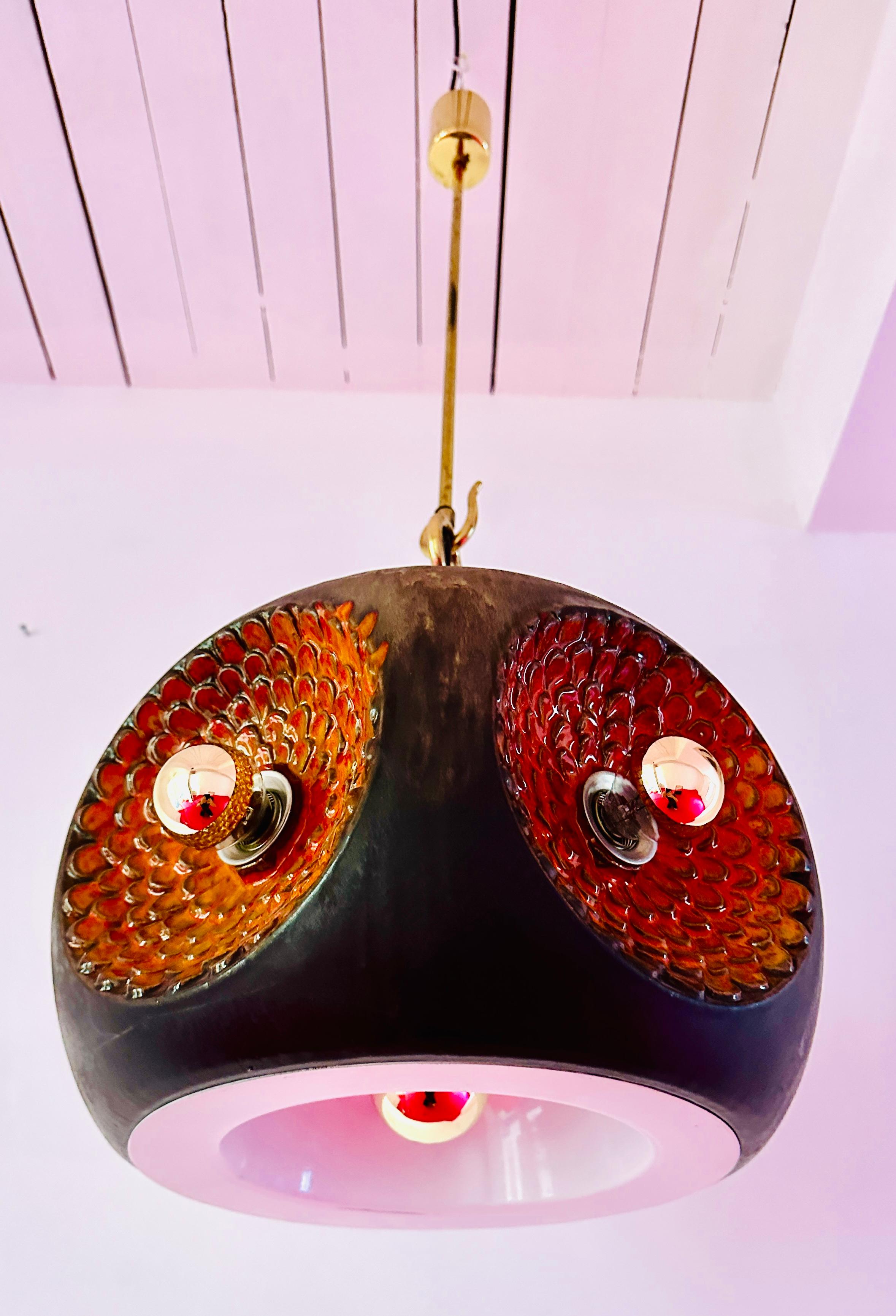 1970s German Glazed Ceramic Iridescent Orange & Brown Pendant Hanging Light For Sale 6