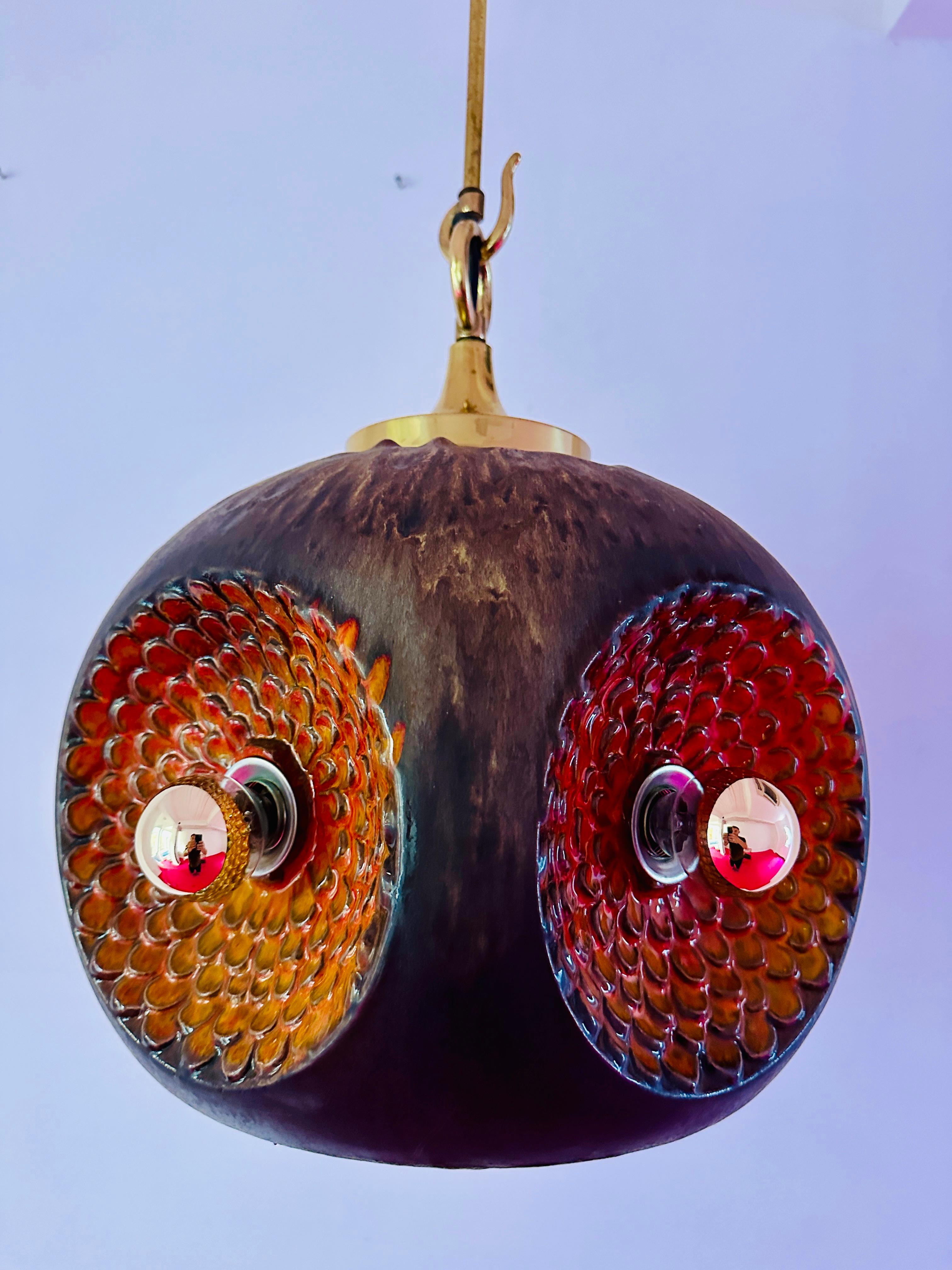 1970s German Glazed Ceramic Iridescent Orange & Brown Pendant Hanging Light For Sale 7