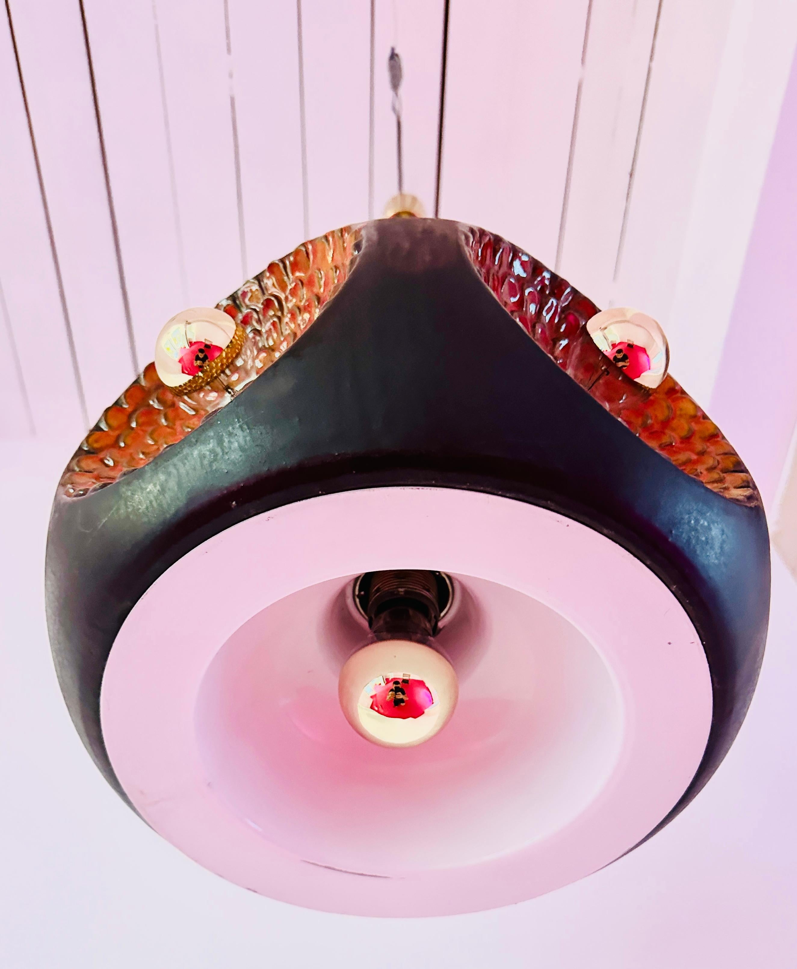 1970s German Glazed Ceramic Iridescent Orange & Brown Pendant Hanging Light For Sale 8