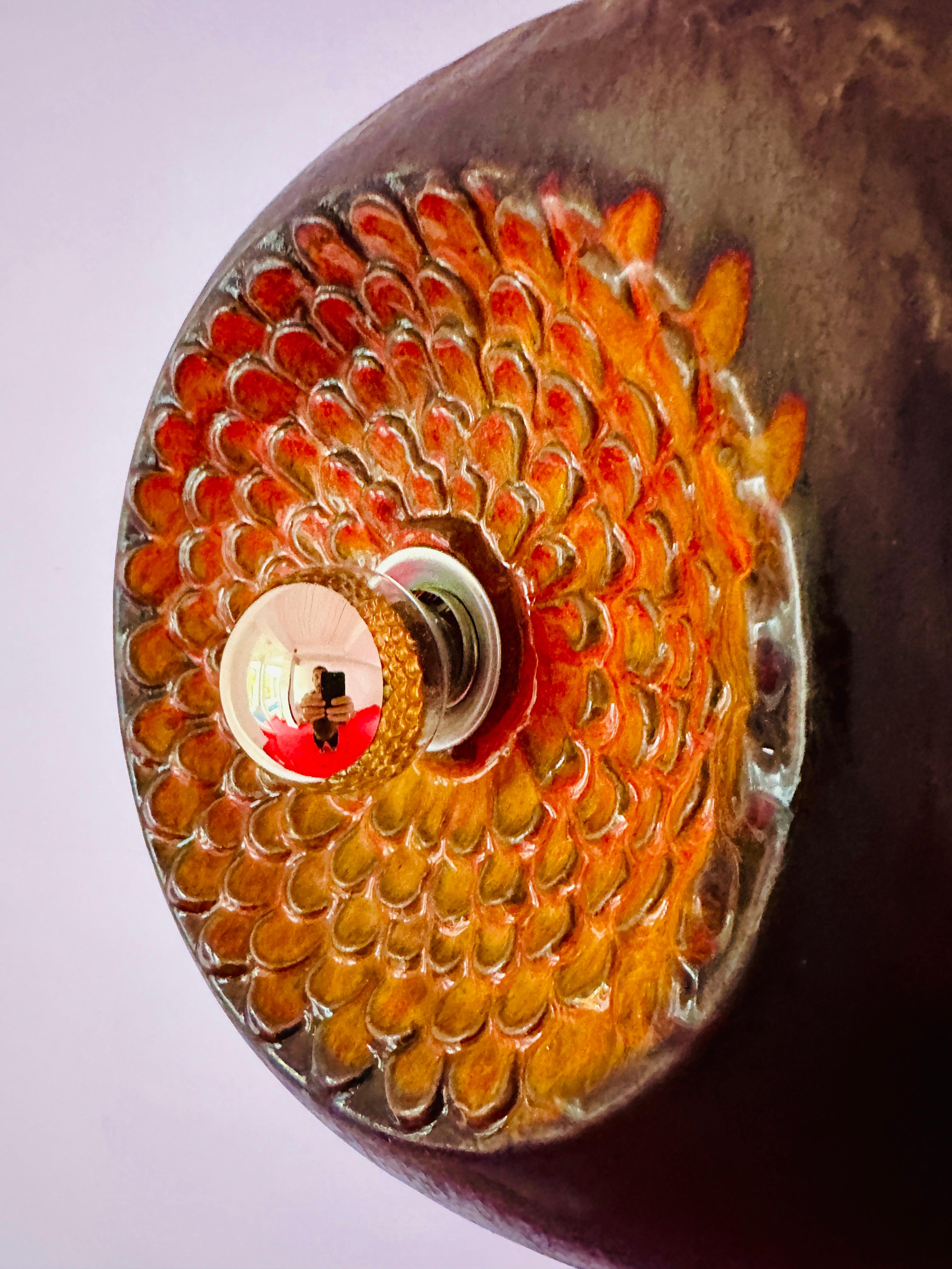 1970s German Glazed Ceramic Iridescent Orange & Brown Pendant Hanging Light For Sale 10