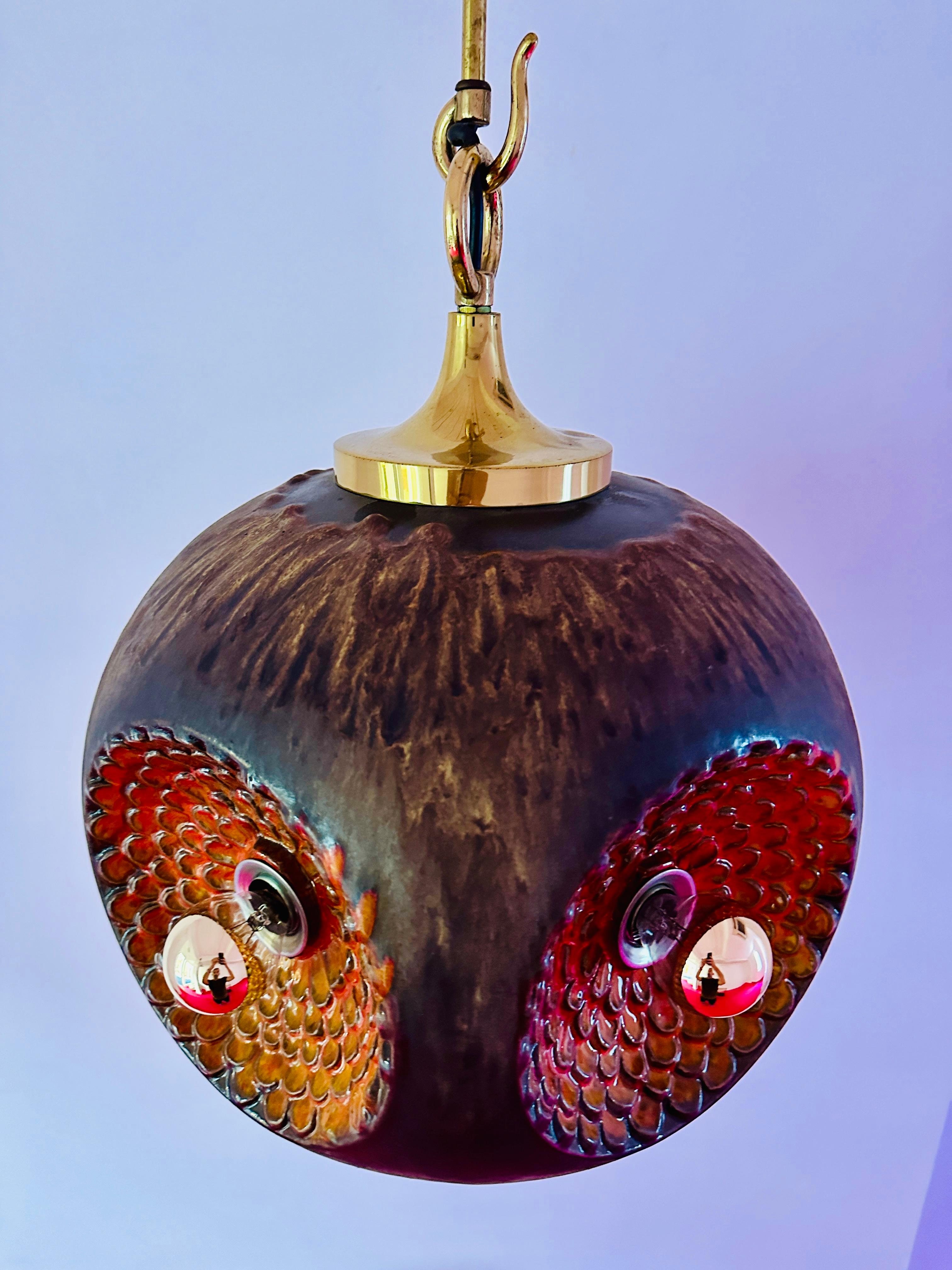 1970s German Glazed Ceramic Iridescent Orange & Brown Pendant Hanging Light For Sale 11