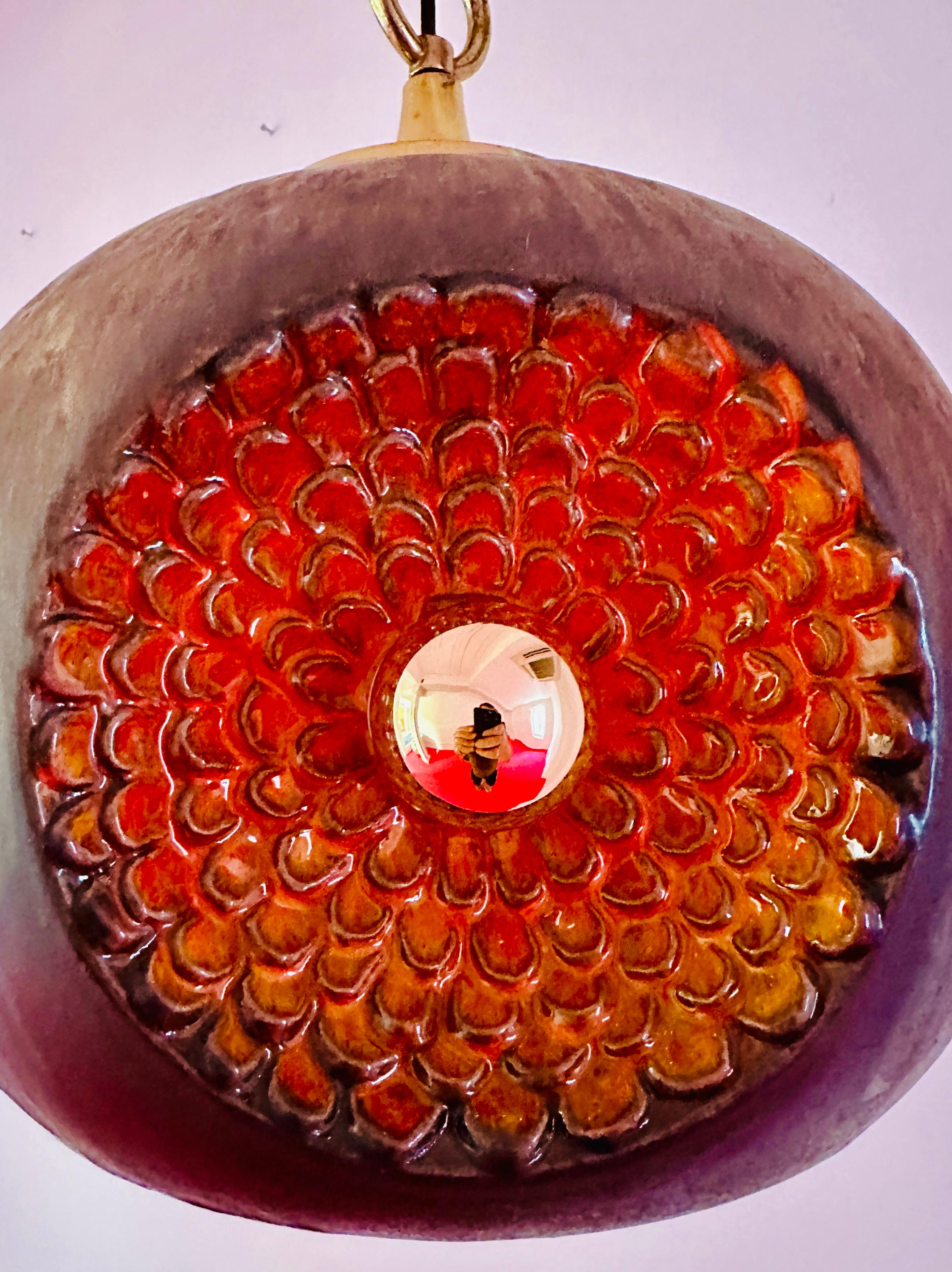 1970s German Glazed Ceramic Iridescent Orange & Brown Pendant Hanging Light For Sale 12