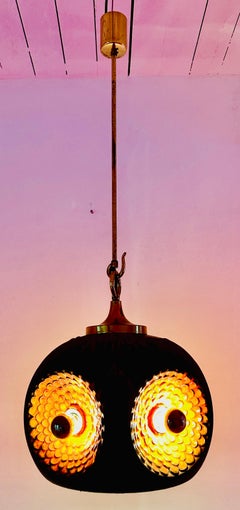 1970s German Glazed Ceramic Iridescent Orange & Brown Pendant Hanging Light