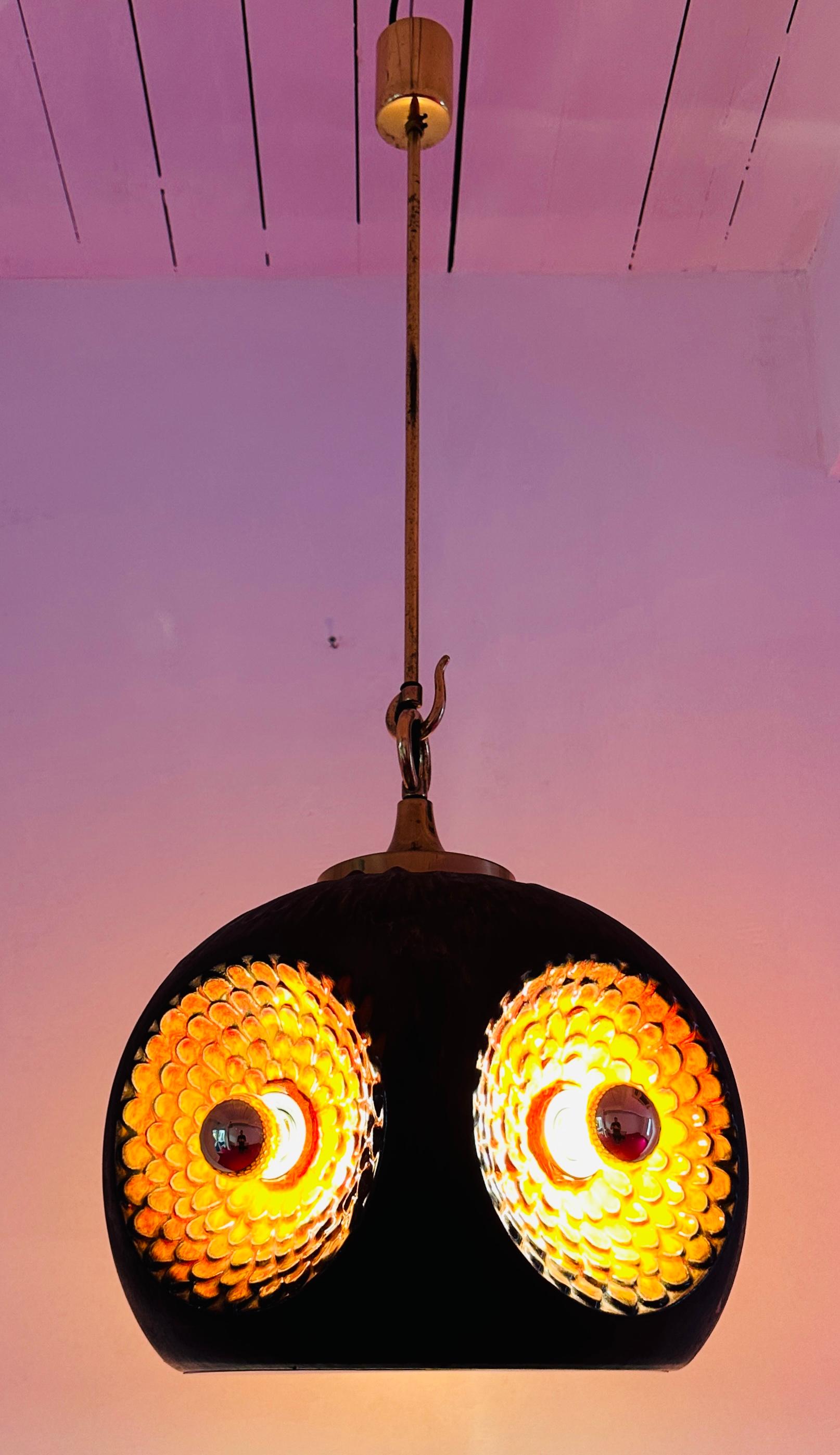 Space Age 1970s German Glazed Ceramic Iridescent Orange & Brown Pendant Hanging Light For Sale