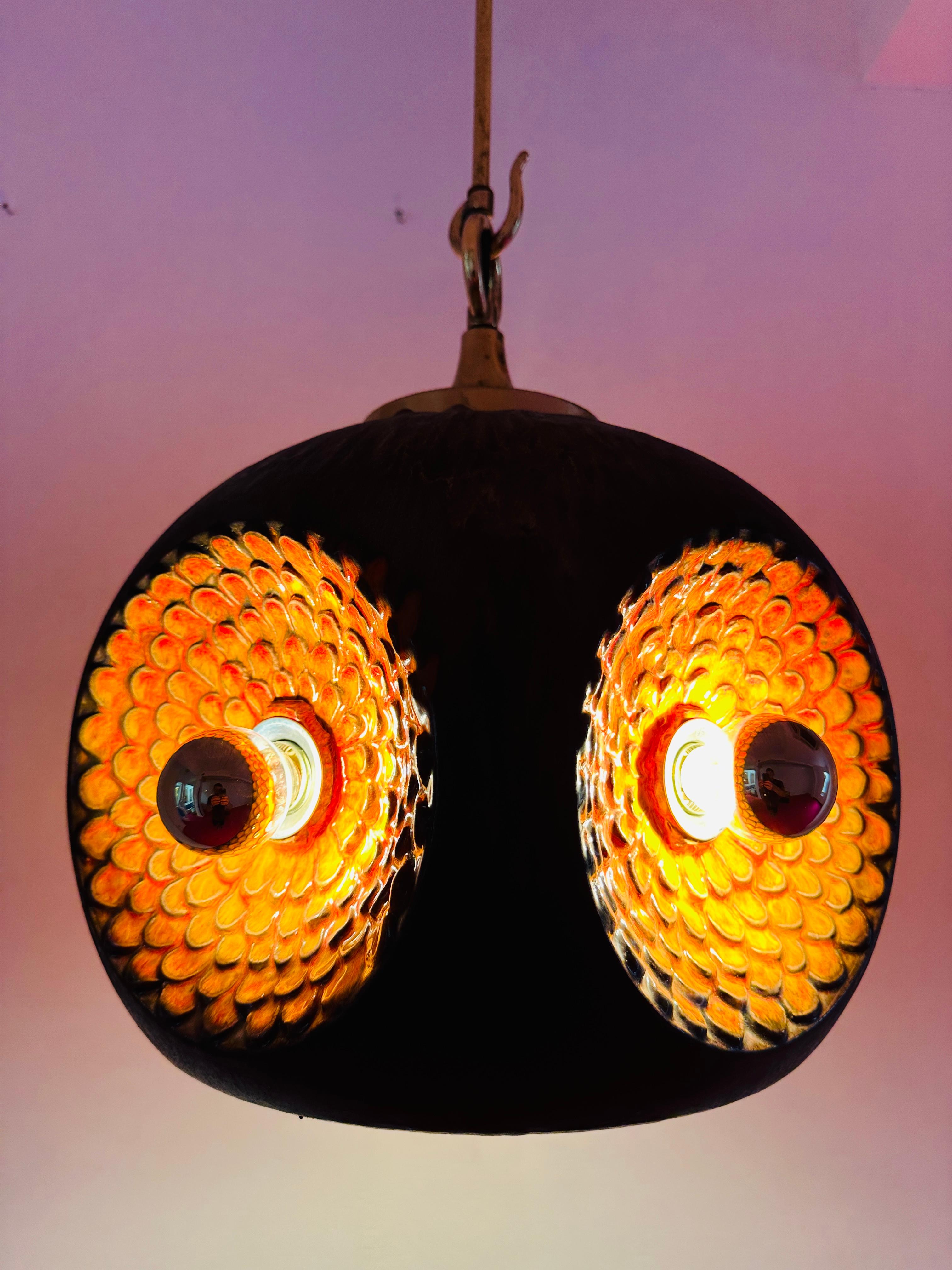 Unglazed 1970s German Glazed Ceramic Iridescent Orange & Brown Pendant Hanging Light For Sale